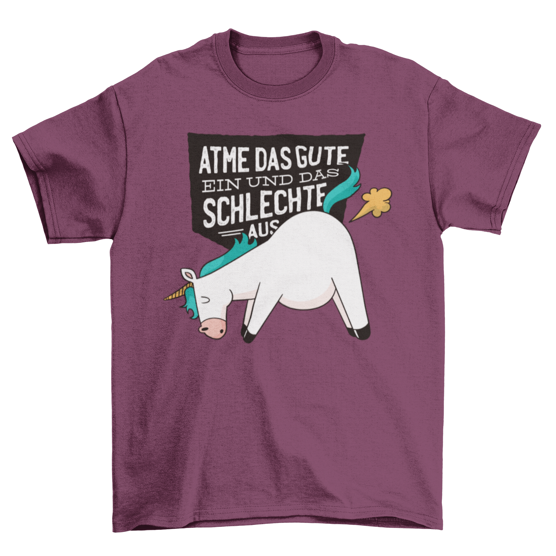 A humorous t-shirt featuring a unicorn blowing a fart with a German quote about positivity.