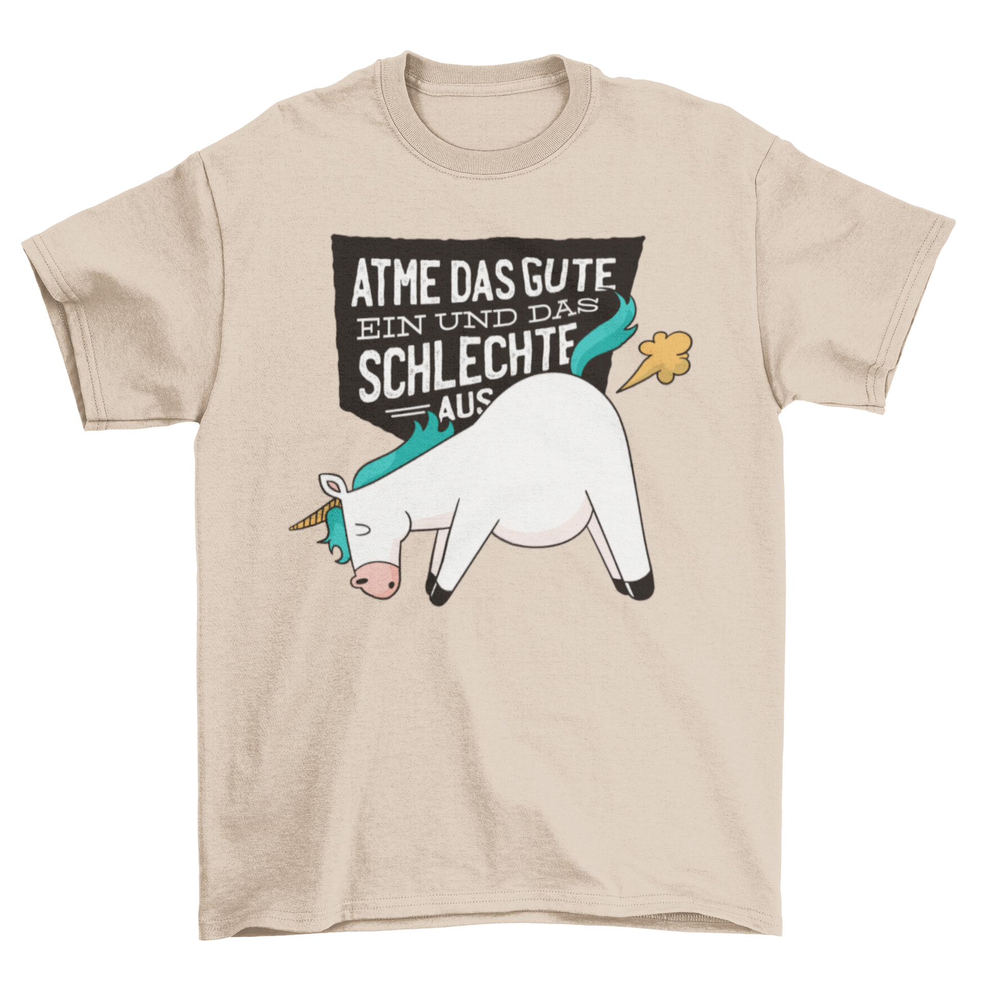 A humorous t-shirt featuring a unicorn blowing a fart with a German quote about positivity.