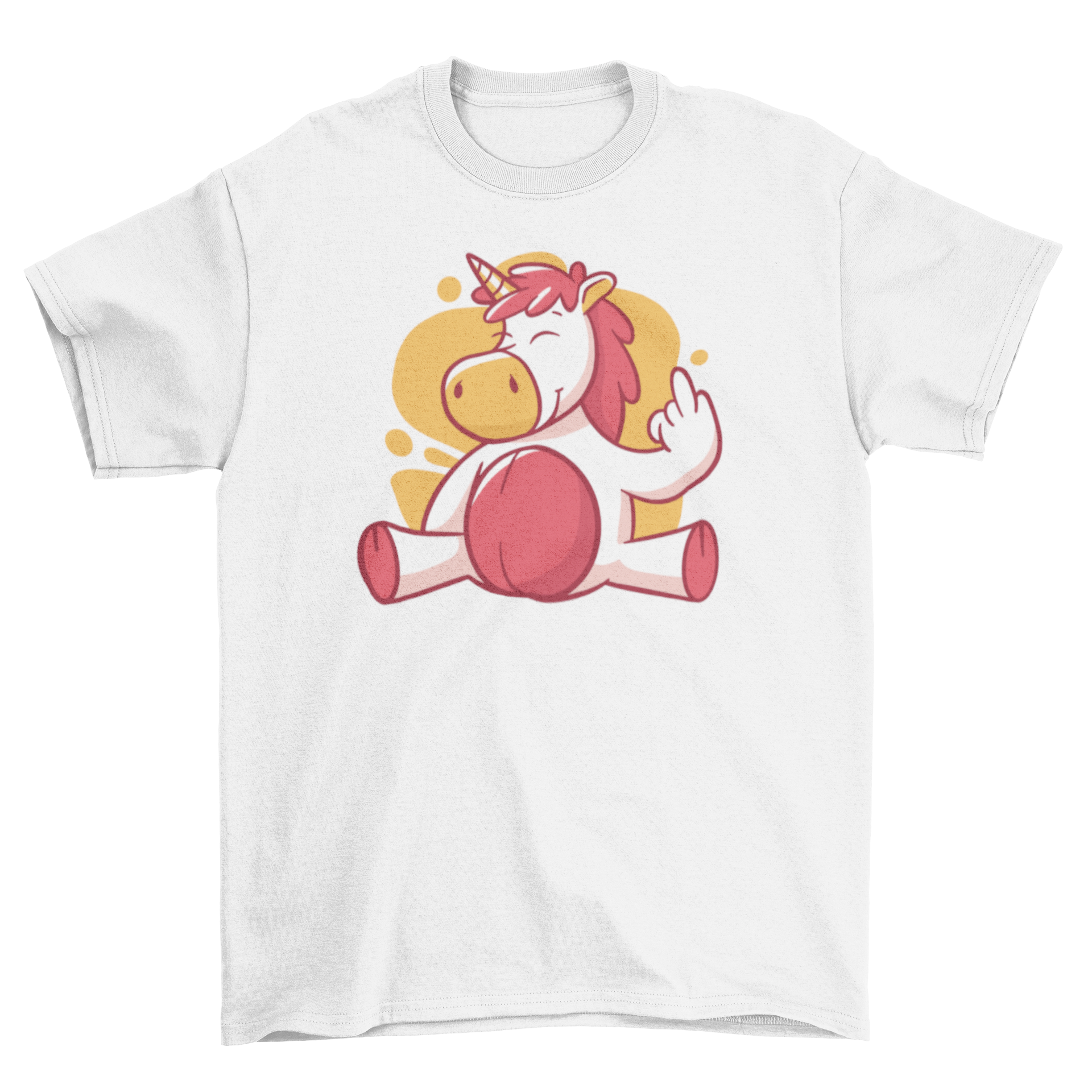 A playful t-shirt featuring a cute unicorn giving the finger, showcasing a humorous design.