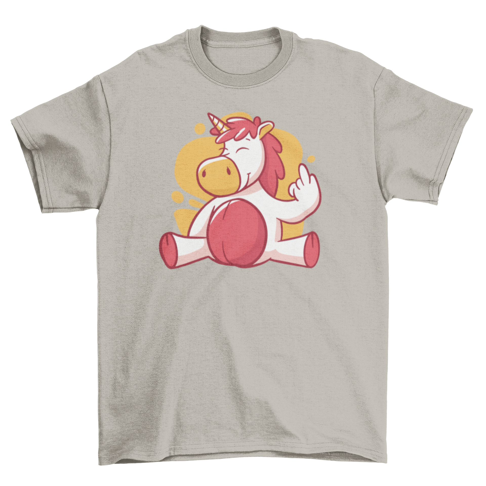 A playful t-shirt featuring a cute unicorn giving the finger, showcasing a humorous design.