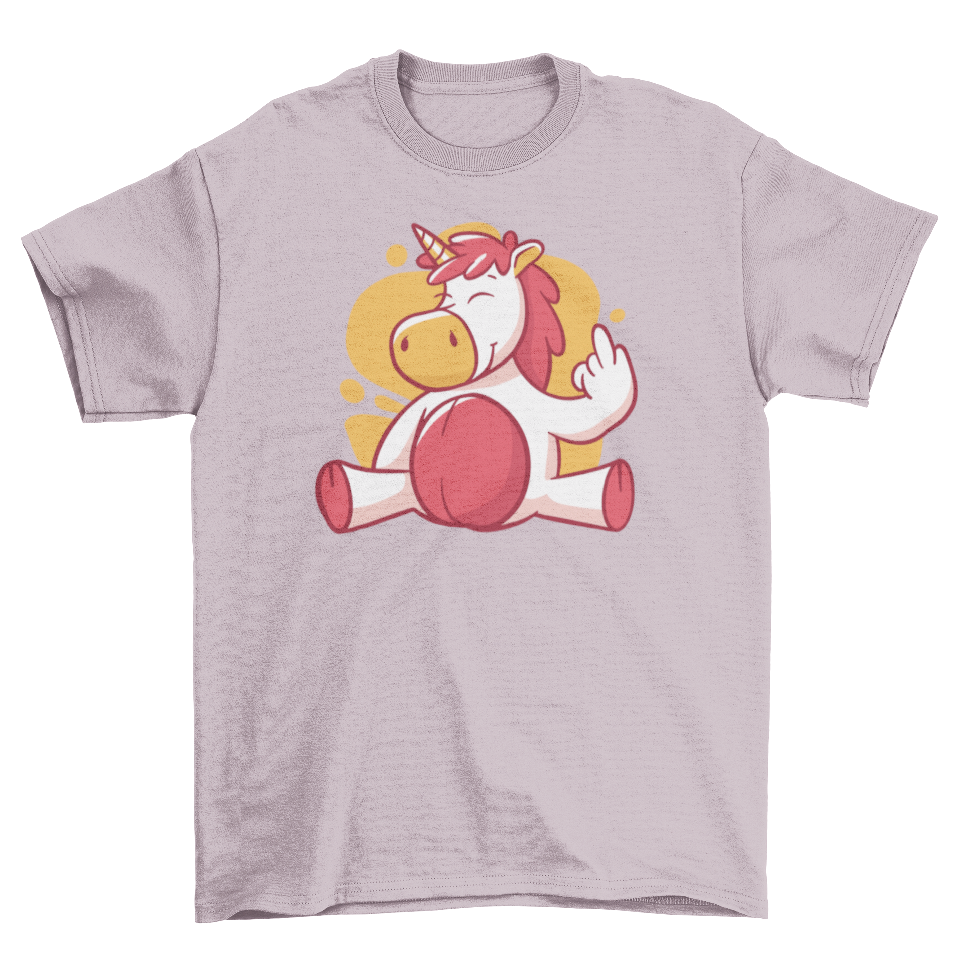 A playful t-shirt featuring a cute unicorn giving the finger, showcasing a humorous design.