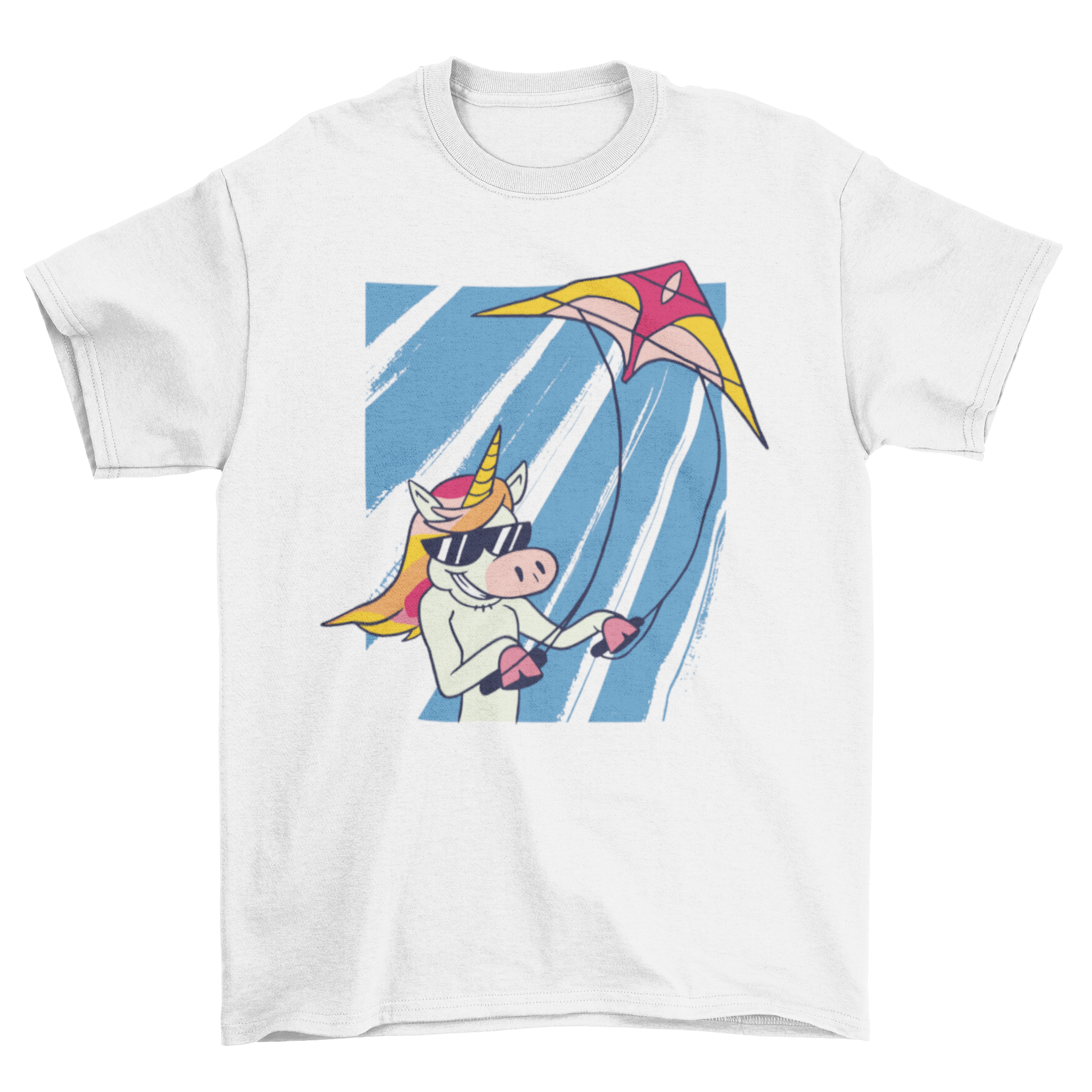 A colorful t-shirt featuring a whimsical unicorn flying a kite against a bright sky.