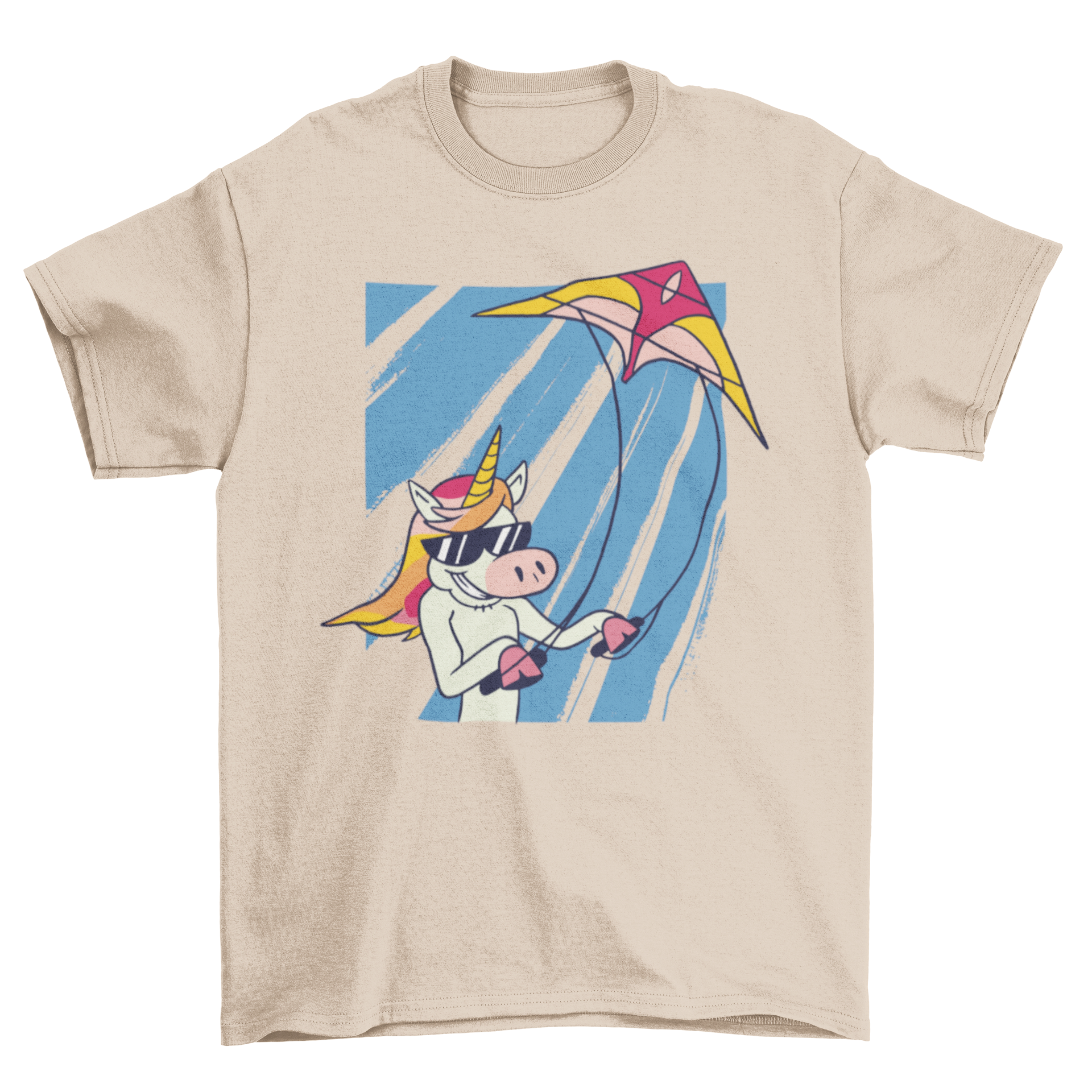 A colorful t-shirt featuring a whimsical unicorn flying a kite against a bright sky.