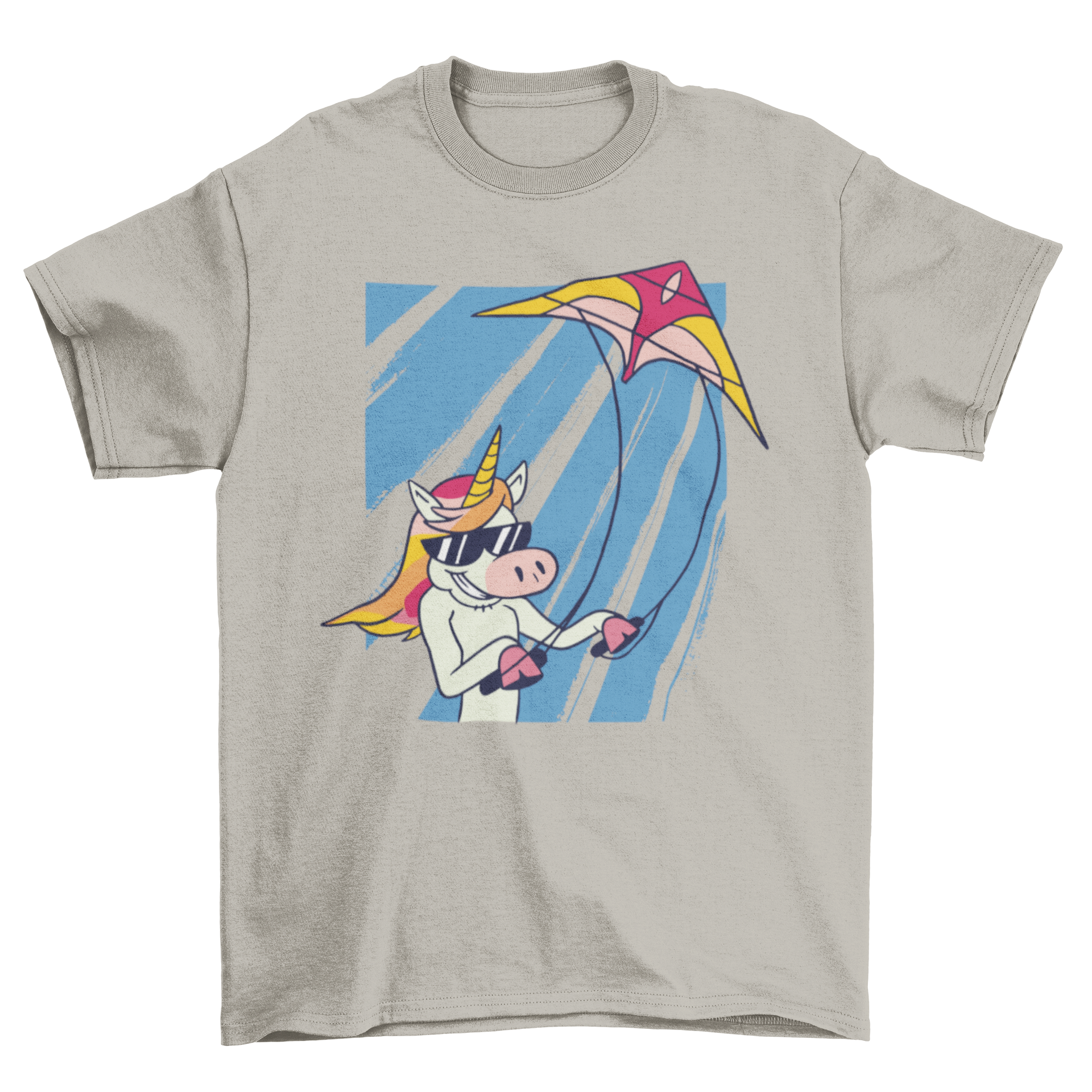 A colorful t-shirt featuring a whimsical unicorn flying a kite against a bright sky.