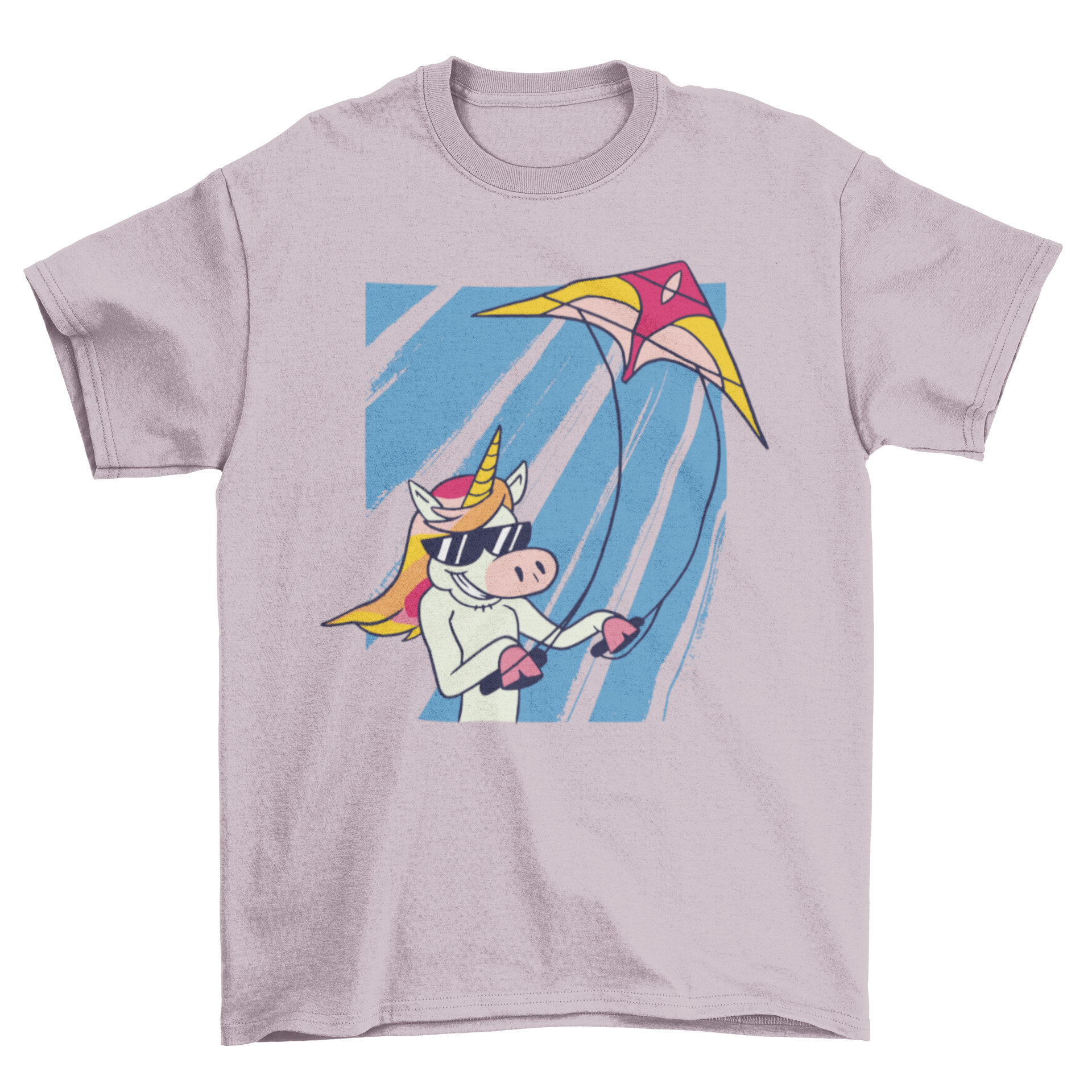 A colorful t-shirt featuring a whimsical unicorn flying a kite against a bright sky.