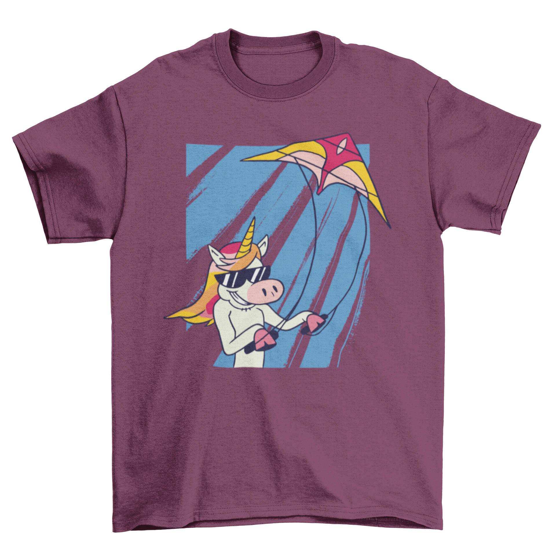 A colorful t-shirt featuring a whimsical unicorn flying a kite against a bright sky.