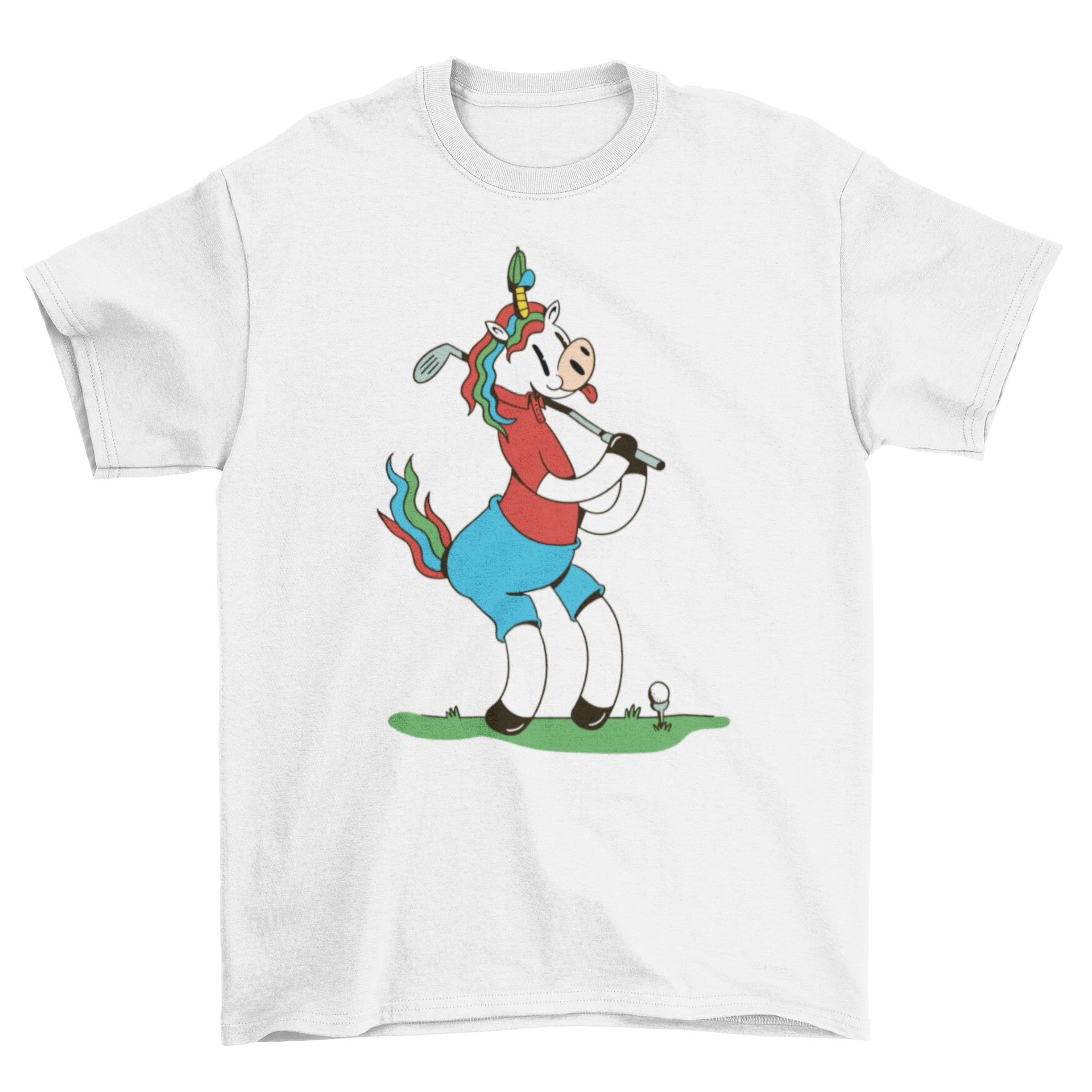 A colorful t-shirt featuring a whimsical unicorn golfing illustration, perfect for golf lovers.