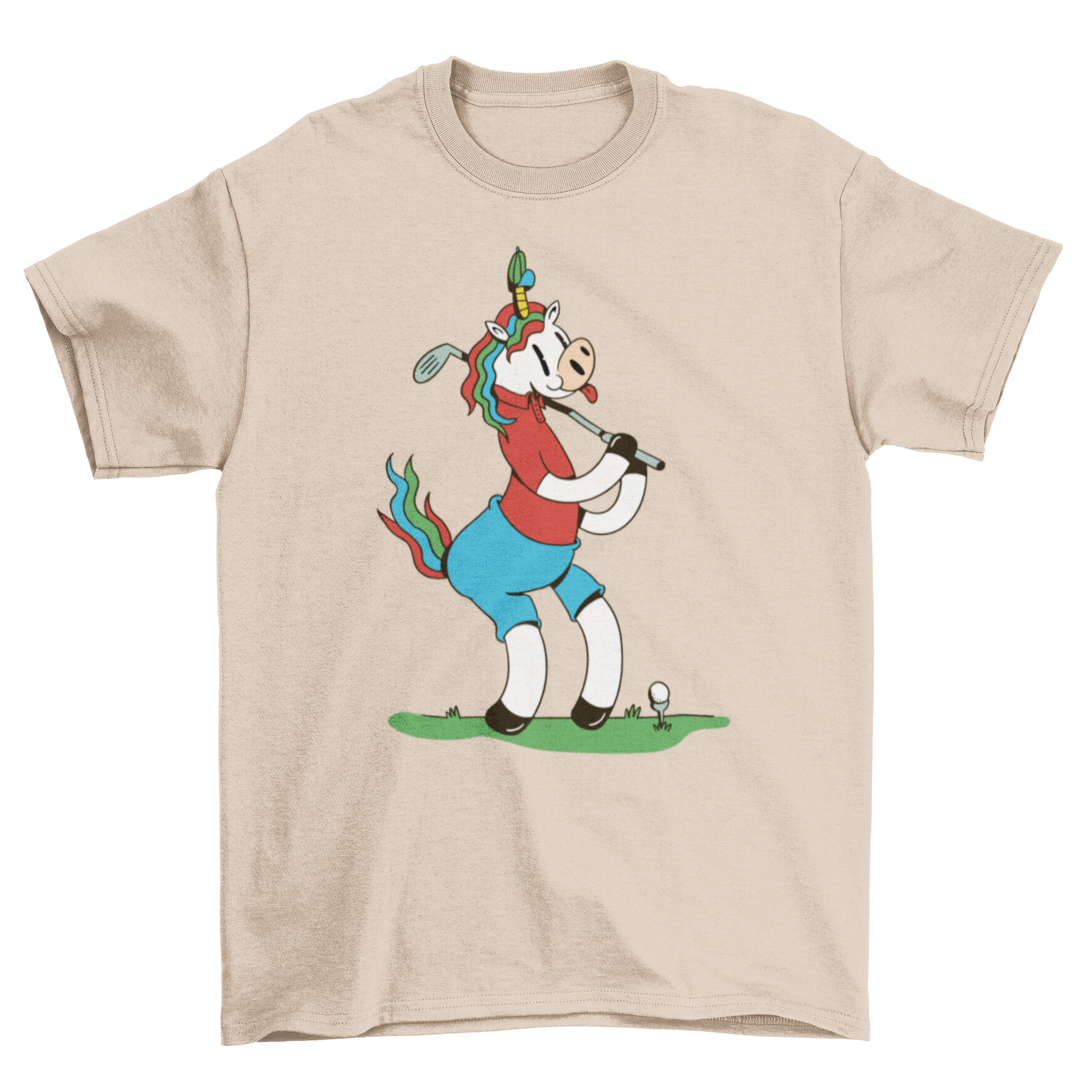 A colorful t-shirt featuring a whimsical unicorn golfing illustration, perfect for golf lovers.