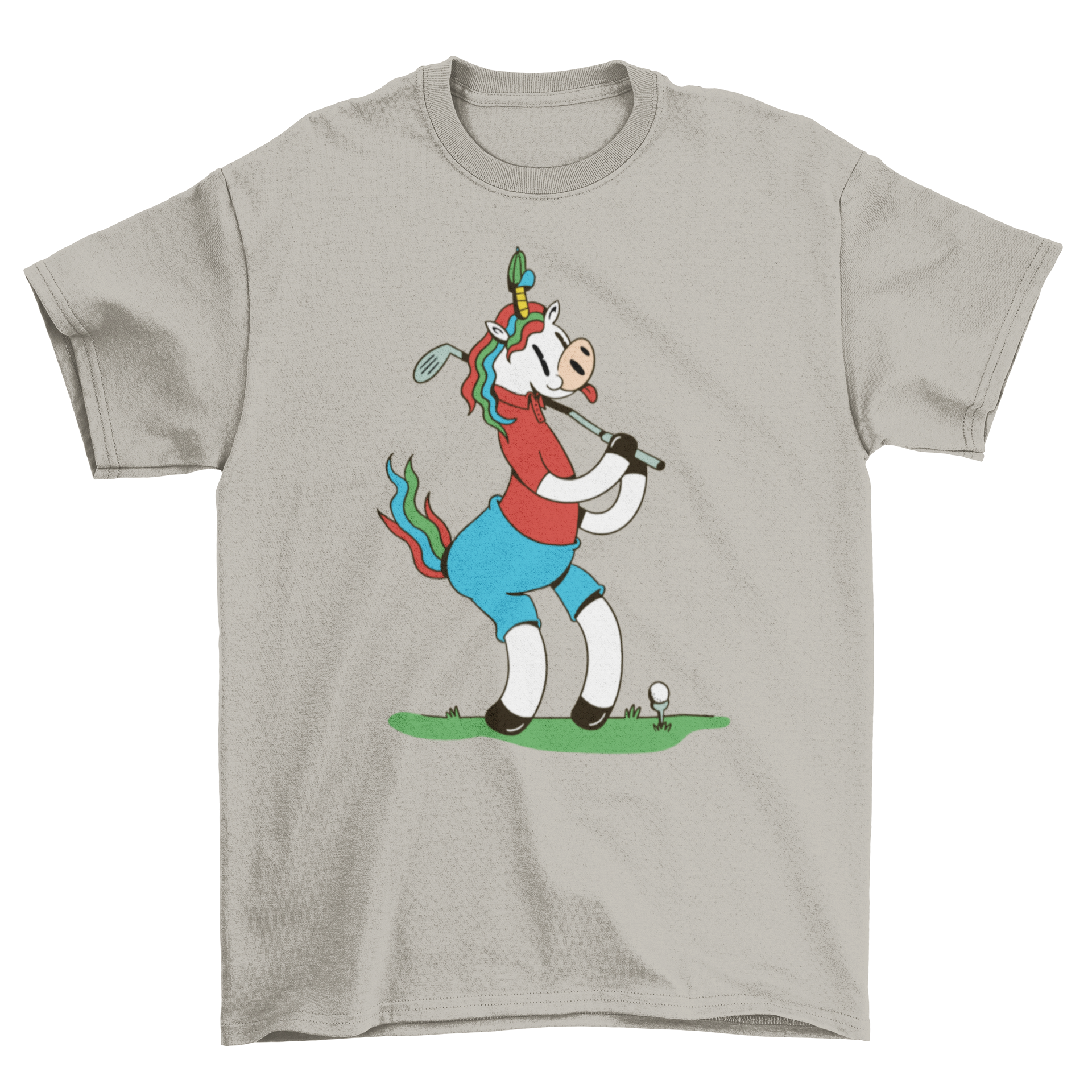 A colorful t-shirt featuring a whimsical unicorn golfing illustration, perfect for golf lovers.