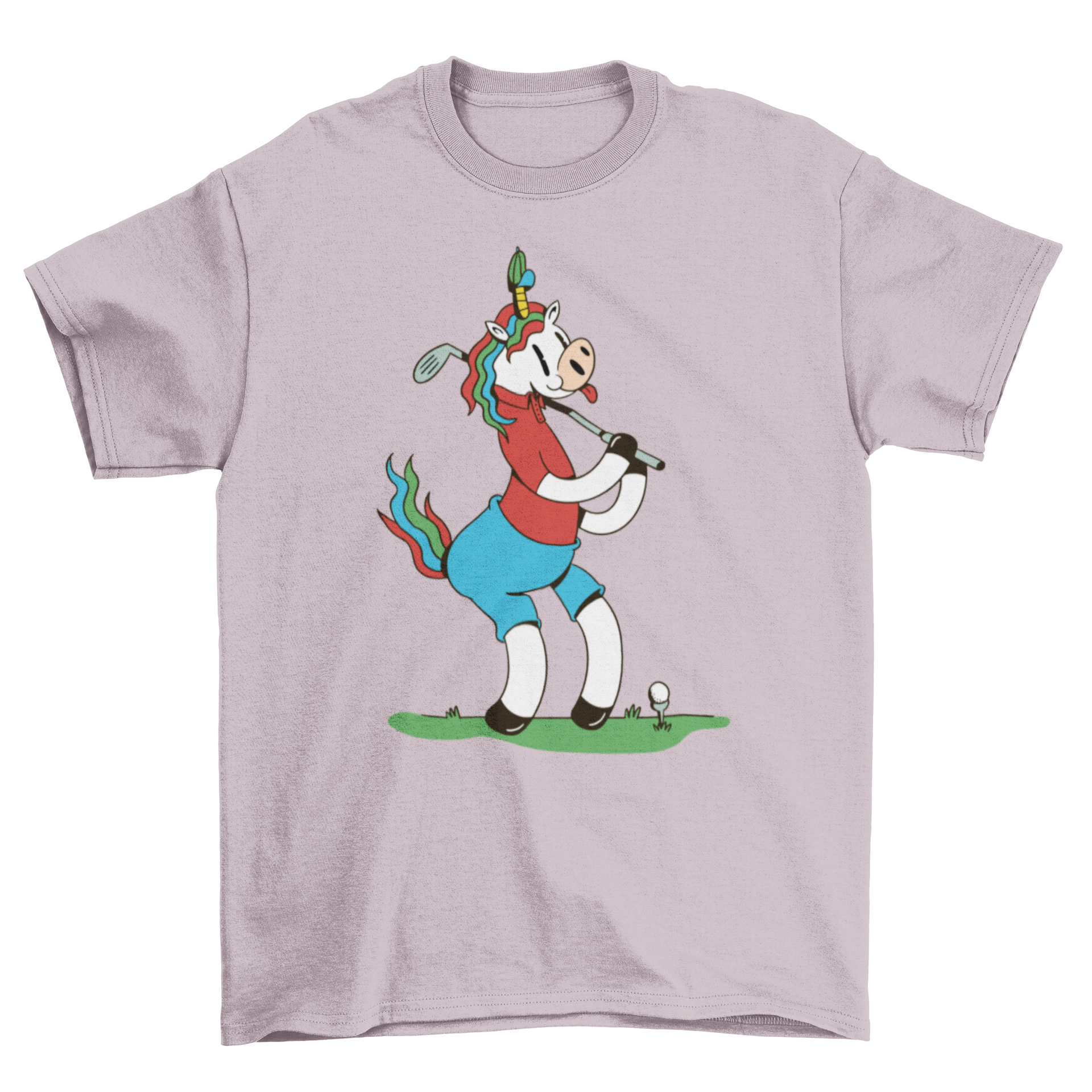 A colorful t-shirt featuring a whimsical unicorn golfing illustration, perfect for golf lovers.