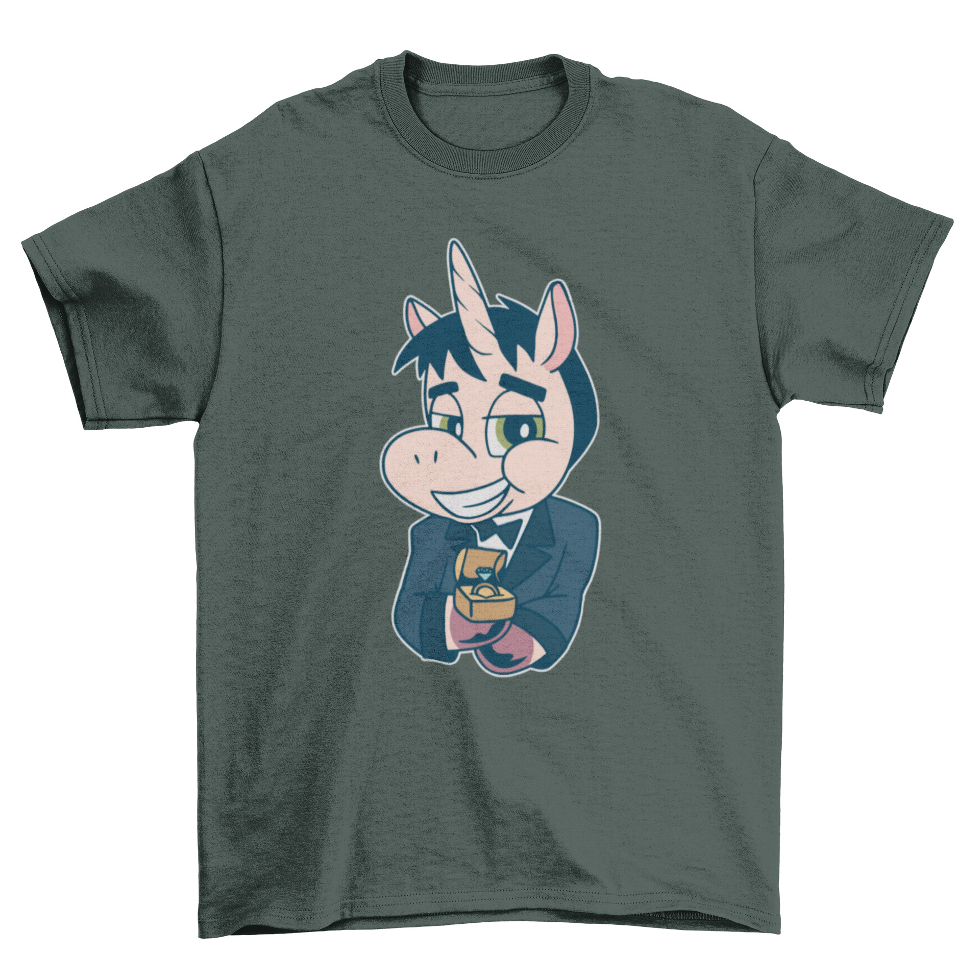 A whimsical t-shirt featuring a tuxedo-clad unicorn proposing, perfect for fun occasions.