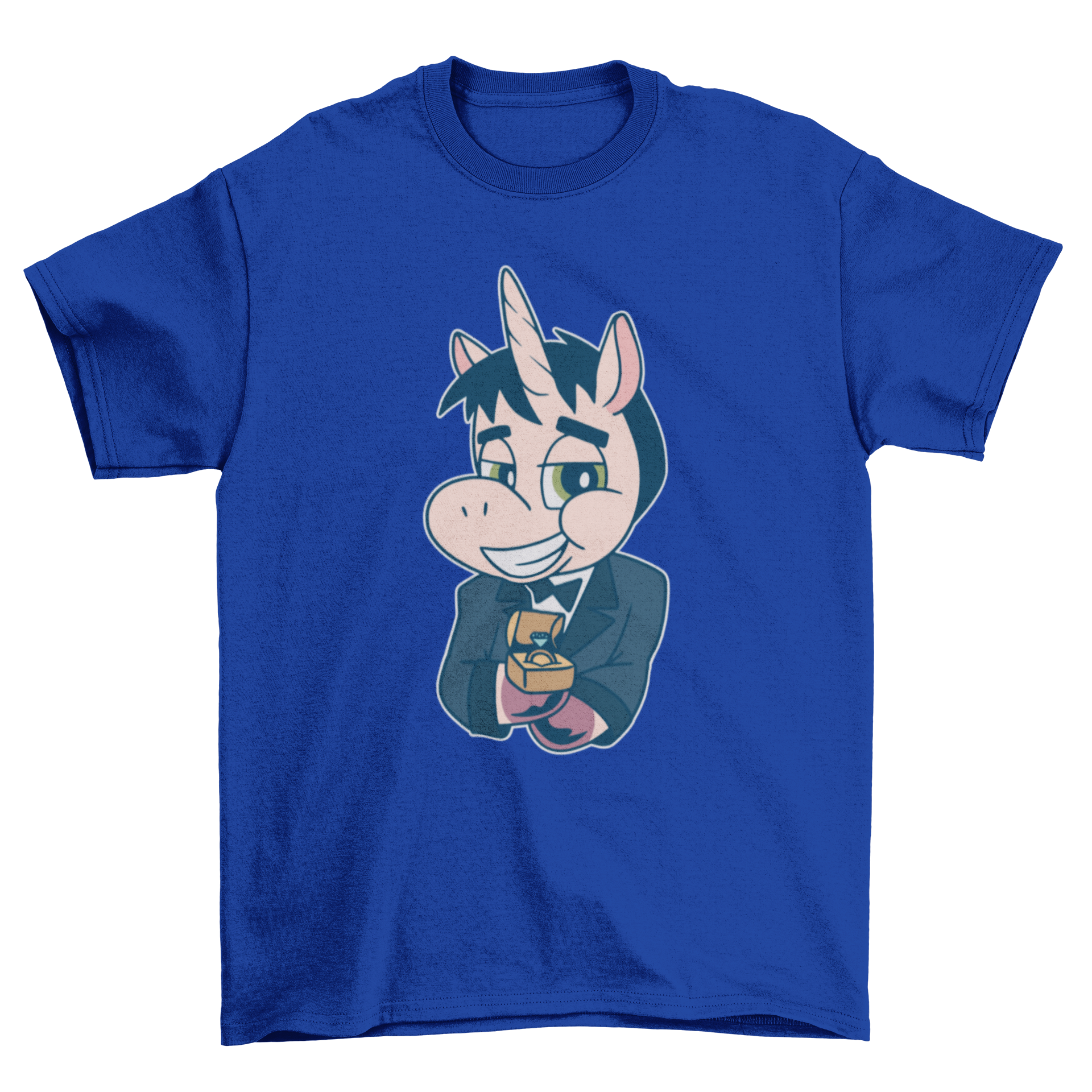 A whimsical t-shirt featuring a tuxedo-clad unicorn proposing, perfect for fun occasions.