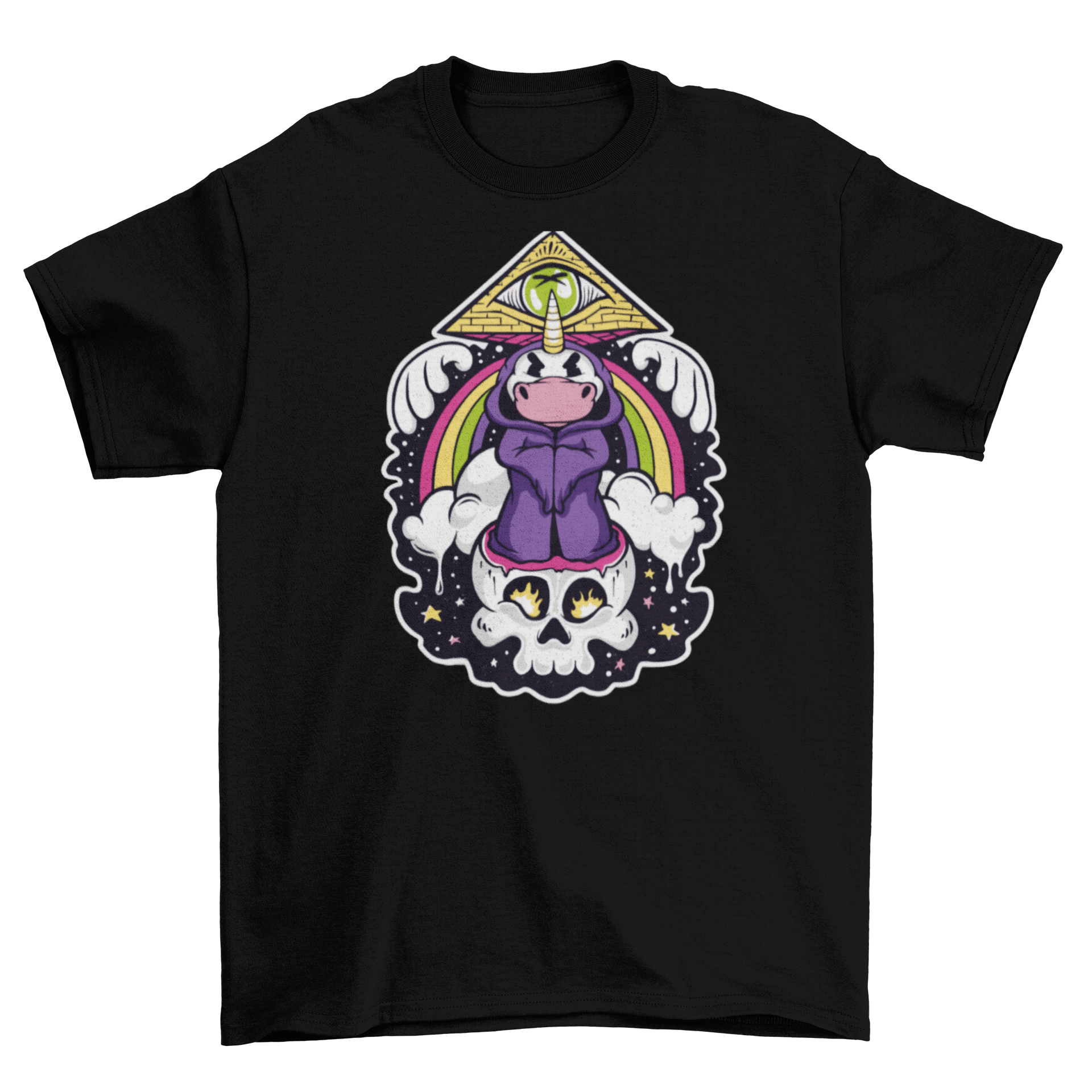 A colorful cartoon t-shirt featuring a unicorn dressed as an illuminati over a skull, with a pyramid and an eye design.