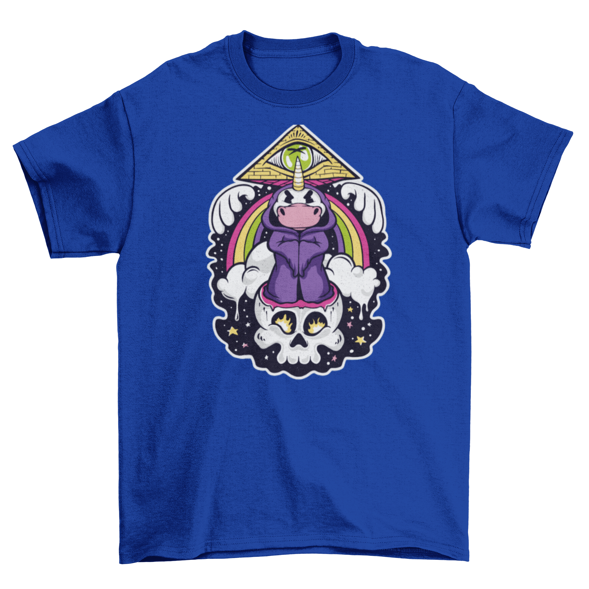 A colorful cartoon t-shirt featuring a unicorn dressed as an illuminati over a skull, with a pyramid and an eye design.