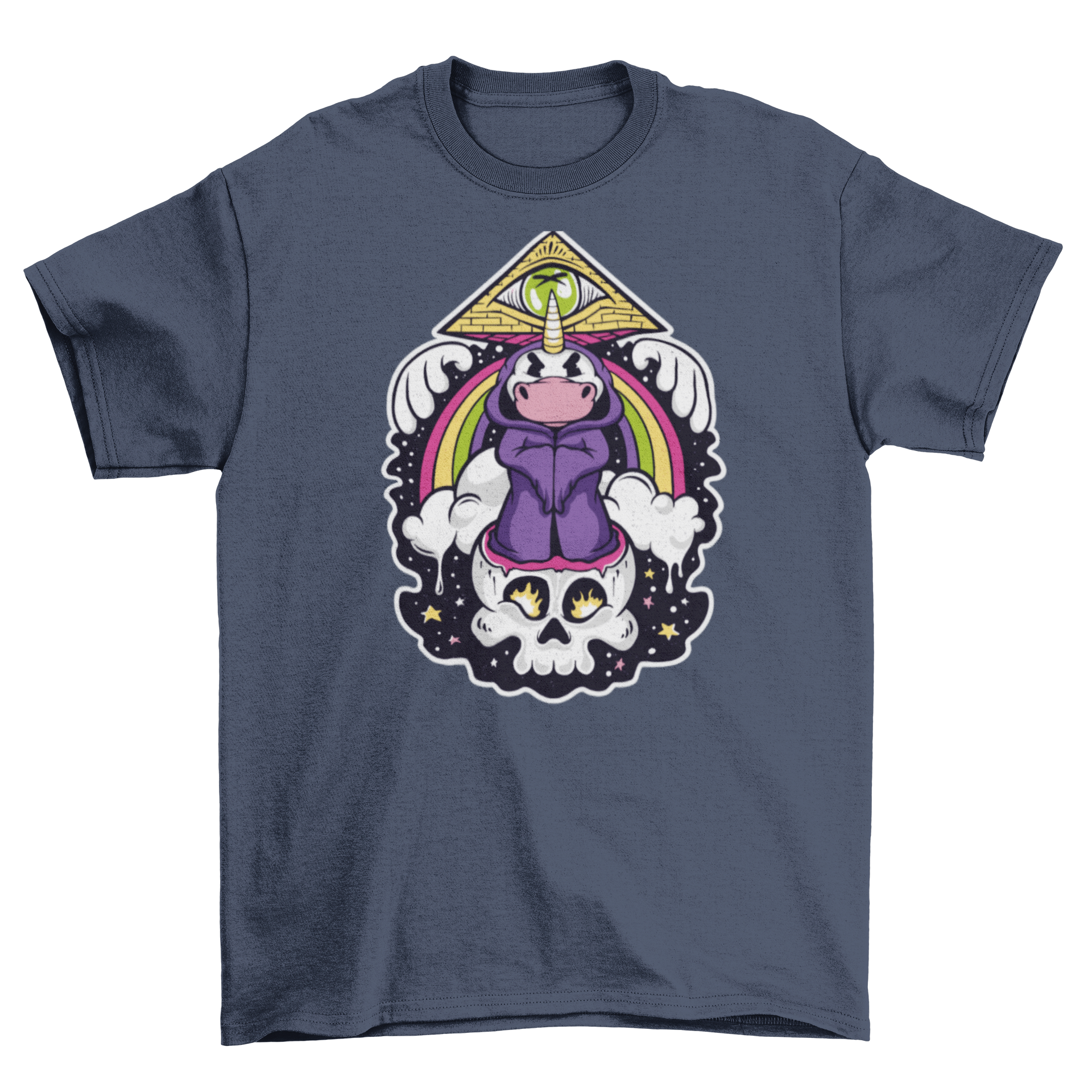 A colorful cartoon t-shirt featuring a unicorn dressed as an illuminati over a skull, with a pyramid and an eye design.