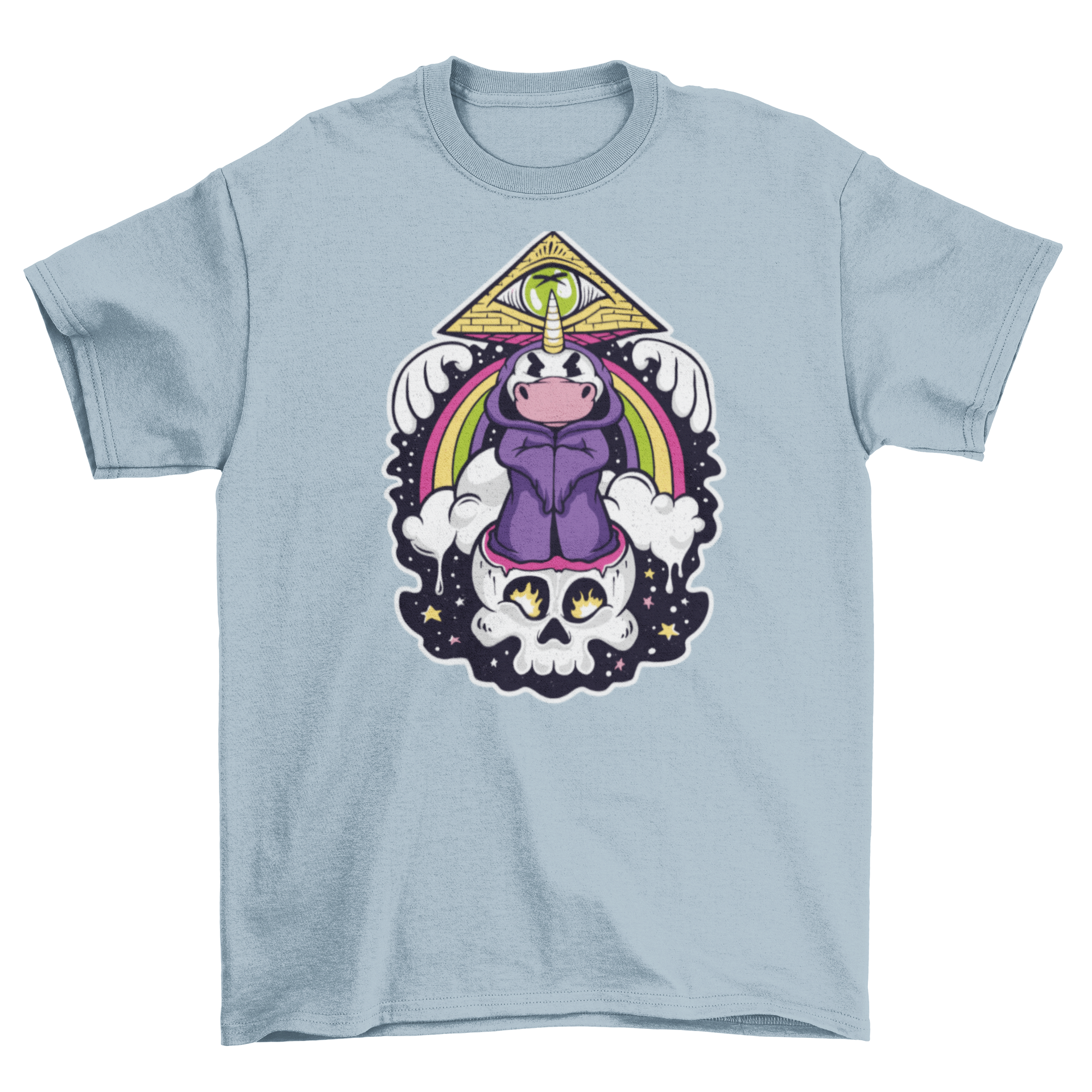 A colorful cartoon t-shirt featuring a unicorn dressed as an illuminati over a skull, with a pyramid and an eye design.