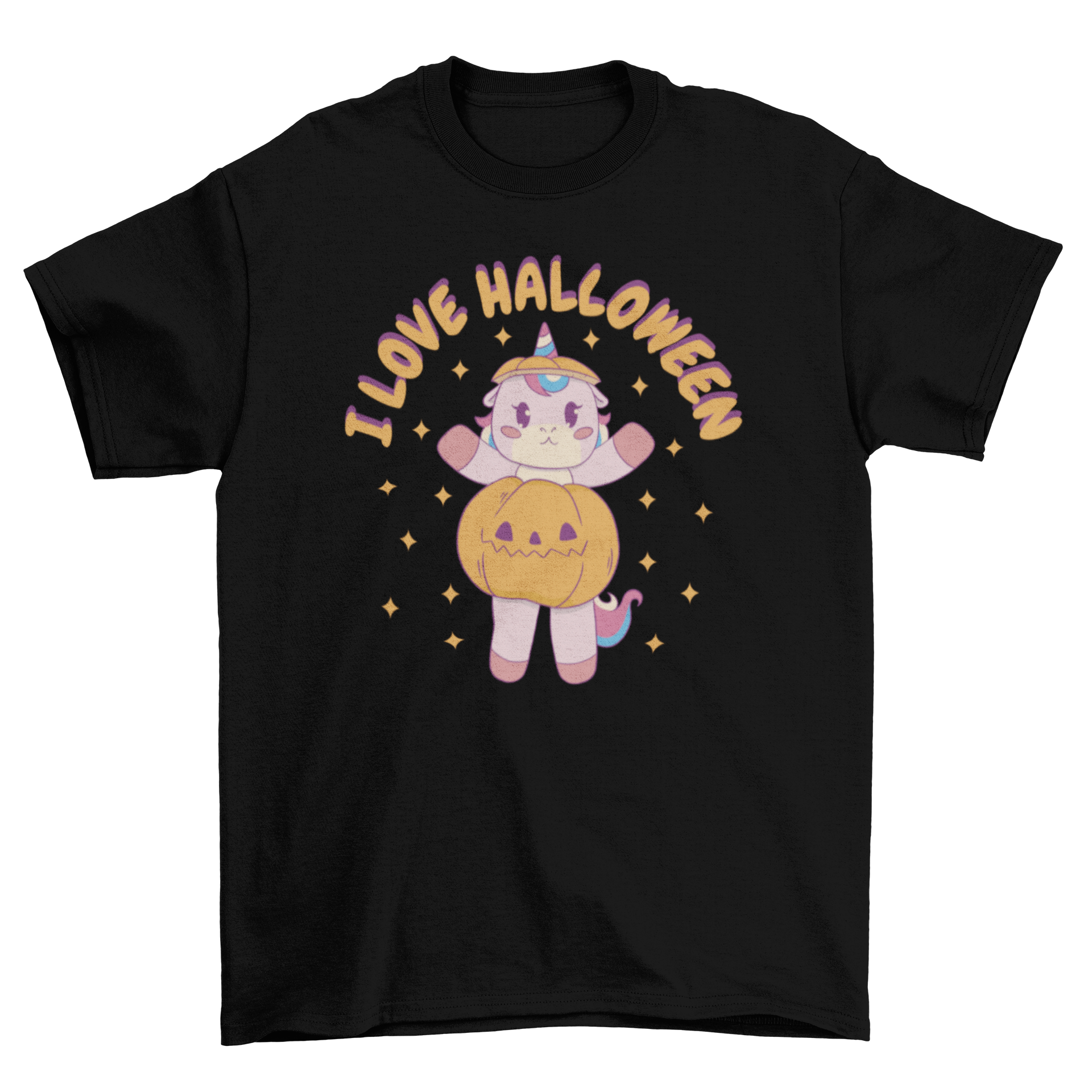 A colorful t-shirt featuring a unicorn inside a Halloween pumpkin with the quote 'I love Halloween'.