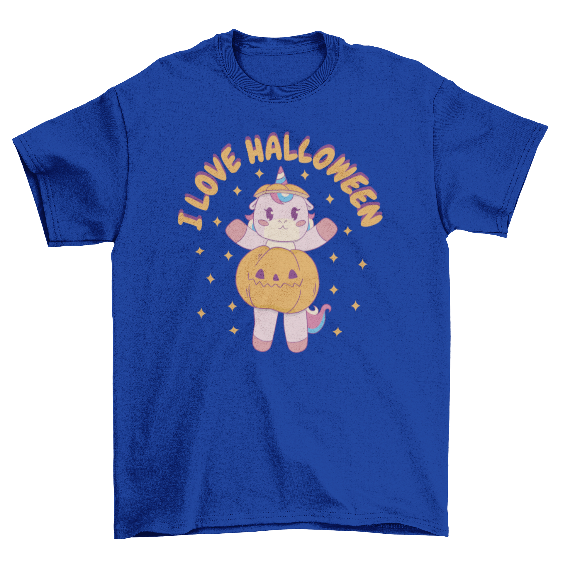 A colorful t-shirt featuring a unicorn inside a Halloween pumpkin with the quote 'I love Halloween'.