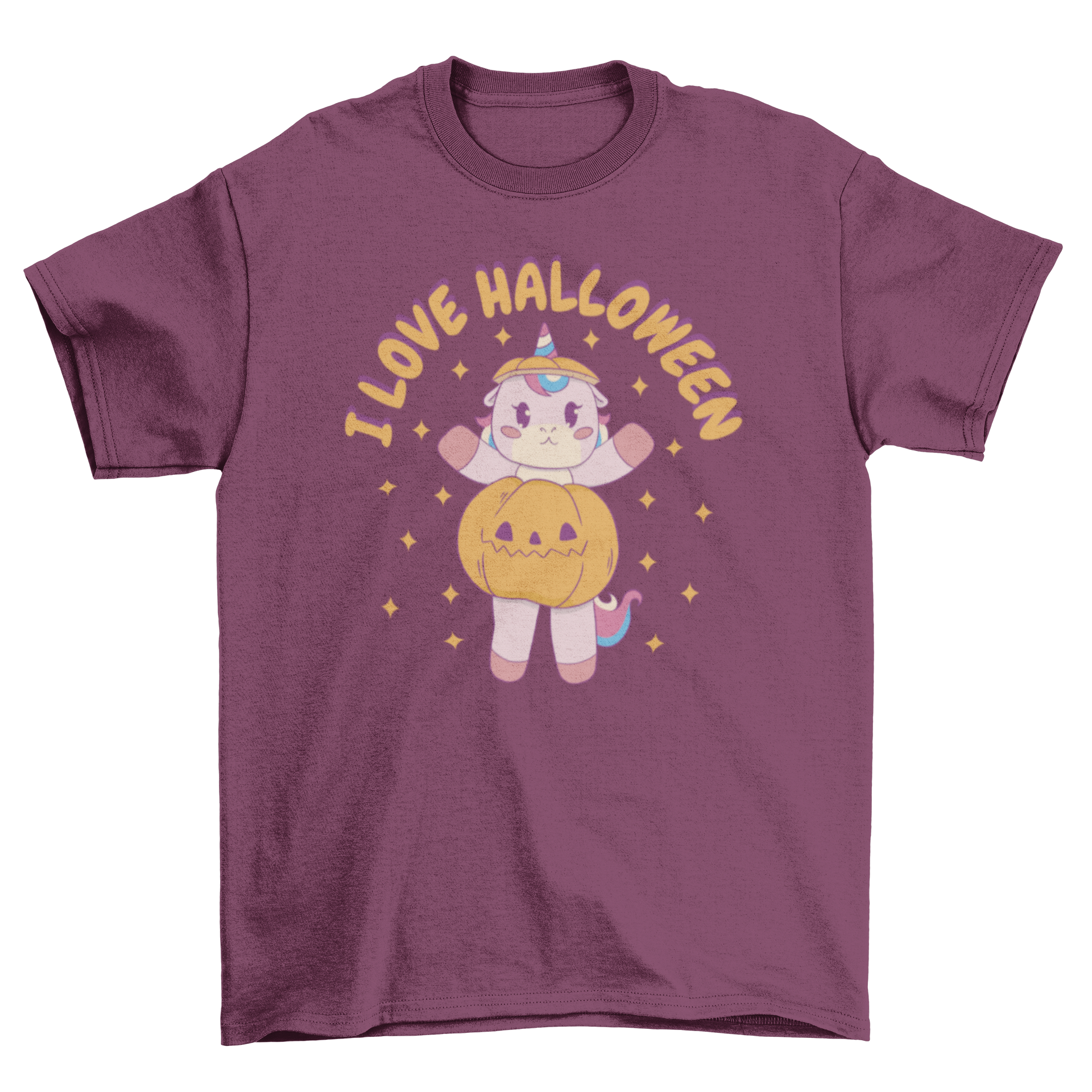 A colorful t-shirt featuring a unicorn inside a Halloween pumpkin with the quote 'I love Halloween'.