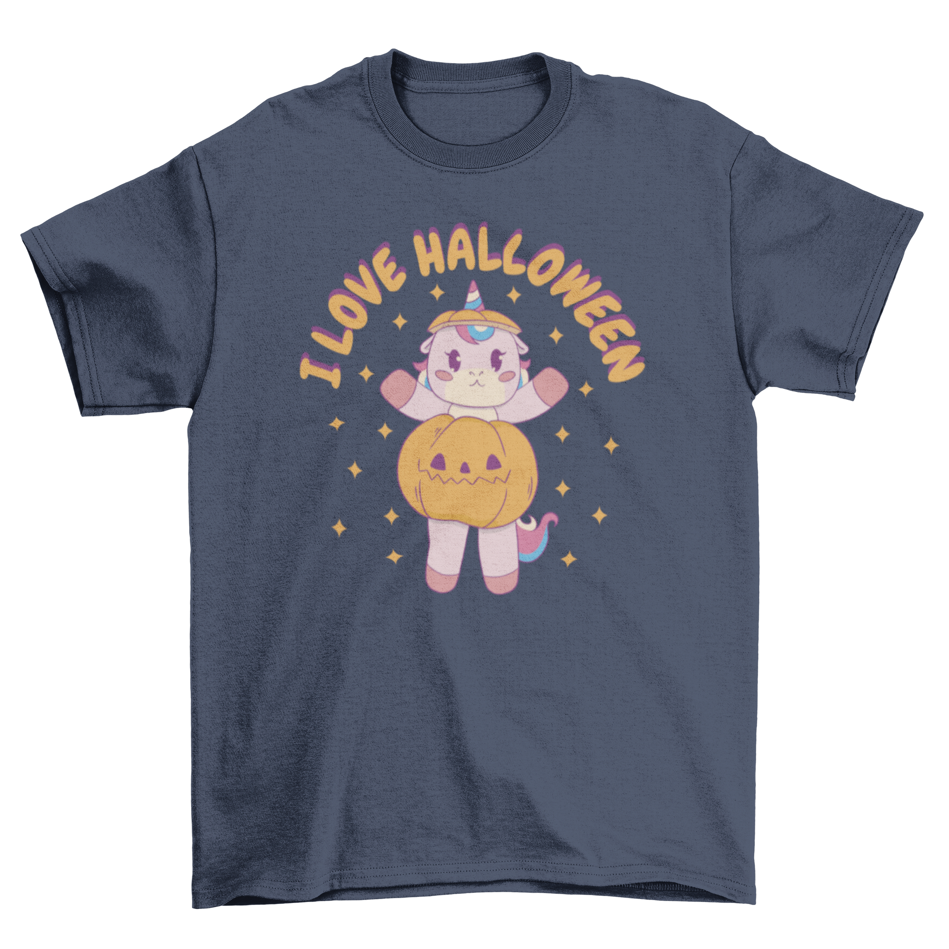 A colorful t-shirt featuring a unicorn inside a Halloween pumpkin with the quote 'I love Halloween'.