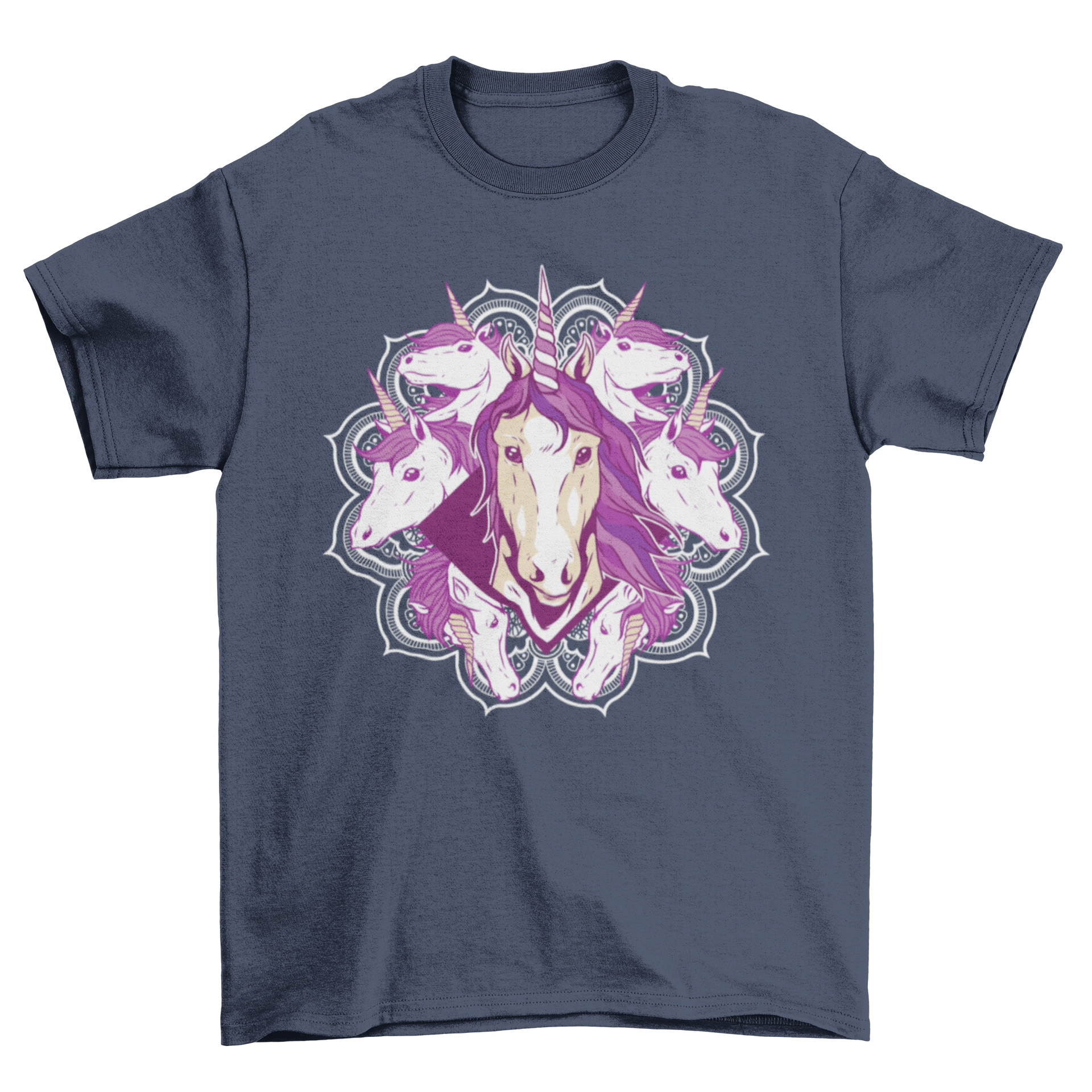 A vibrant Unicorn Mandala T-Shirt Design featuring a central serious unicorn surrounded by smaller unicorns in a mandala pattern.