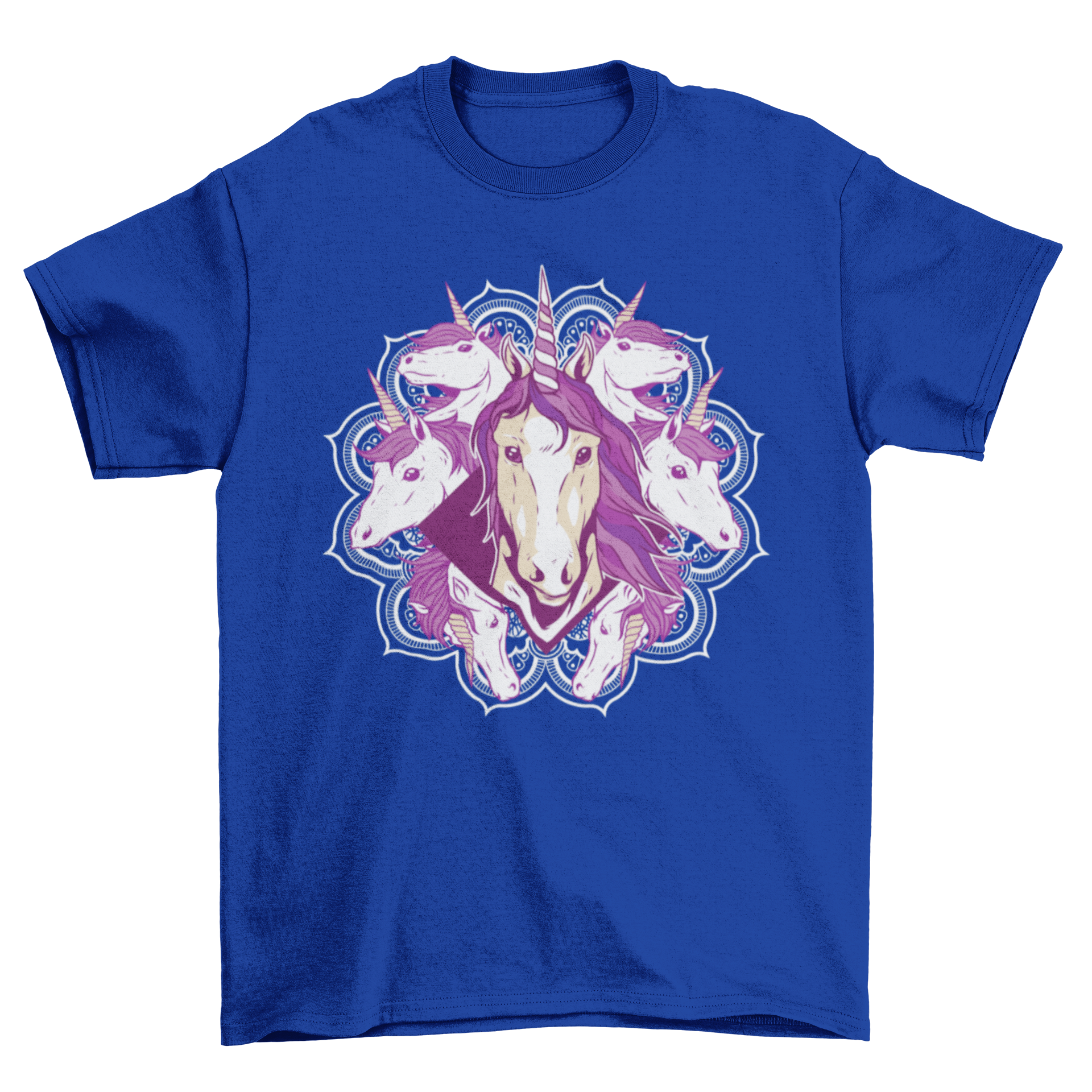 A vibrant Unicorn Mandala T-Shirt Design featuring a central serious unicorn surrounded by smaller unicorns in a mandala pattern.