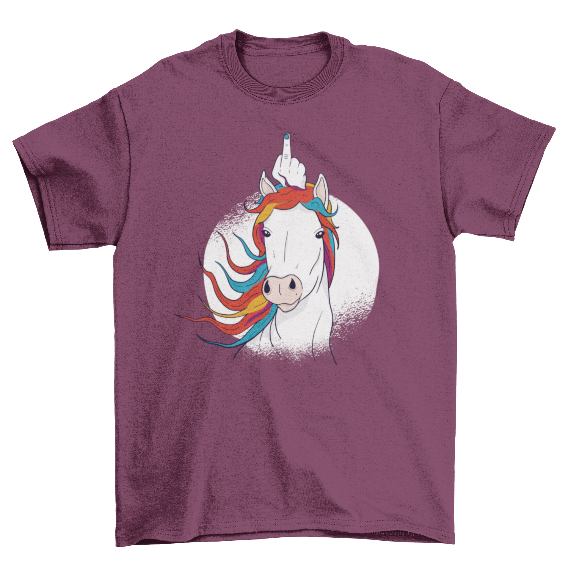 A stylish Unicorn Middle Finger T-shirt featuring a unicorn graphic on a white grunge background.