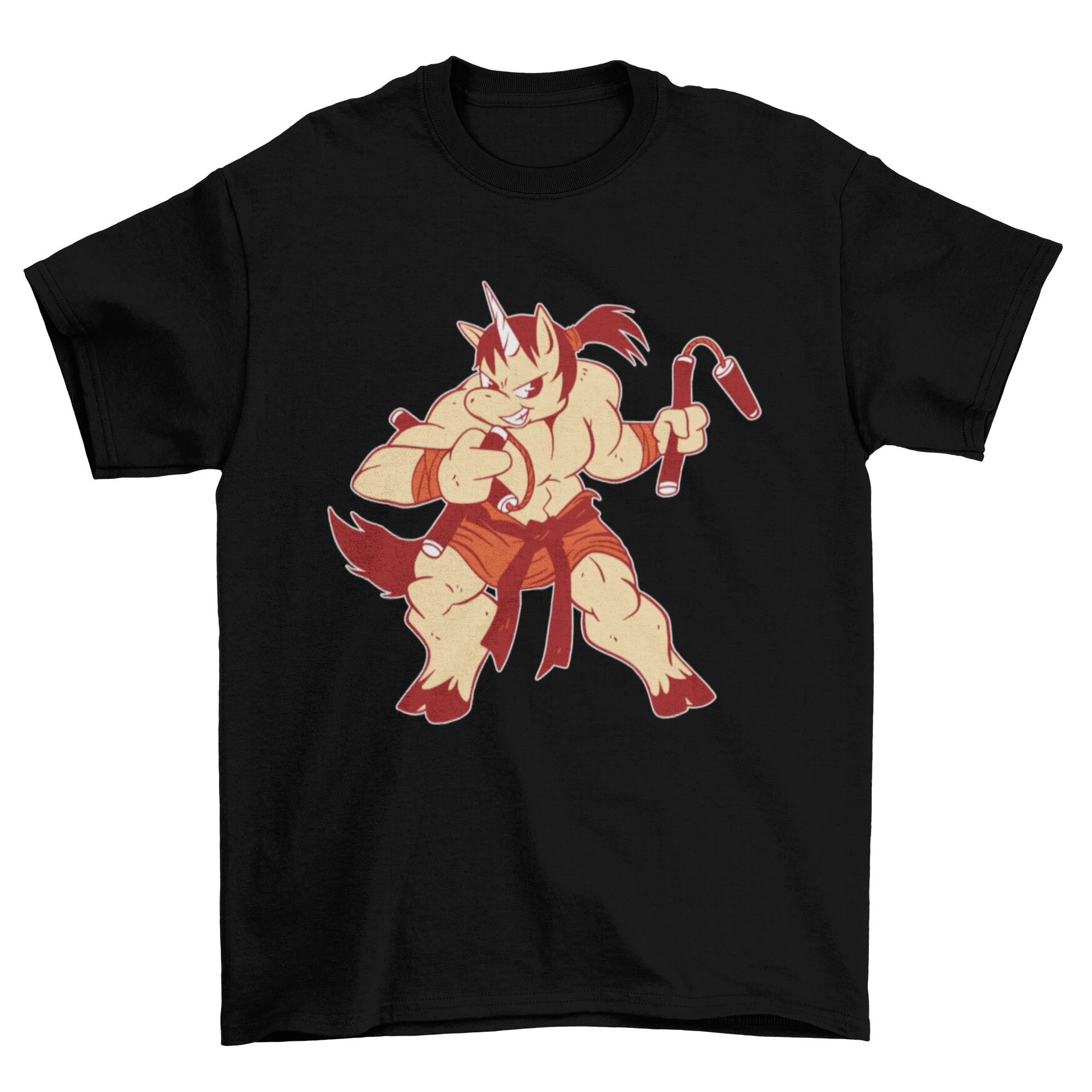 A vibrant t-shirt featuring a muscular unicorn dressed in ninja attire, showcasing a playful and unique design.