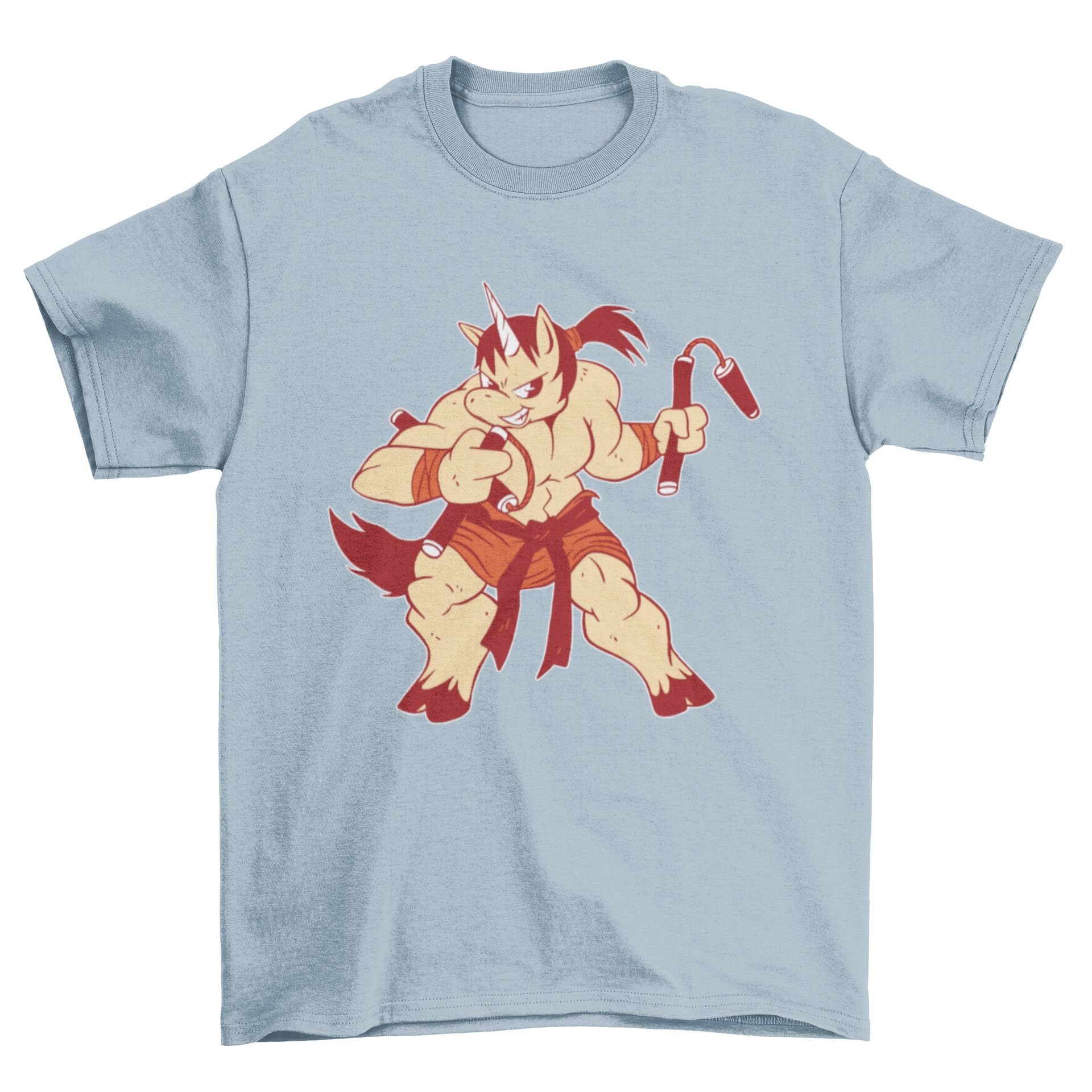 A vibrant t-shirt featuring a muscular unicorn dressed in ninja attire, showcasing a playful and unique design.