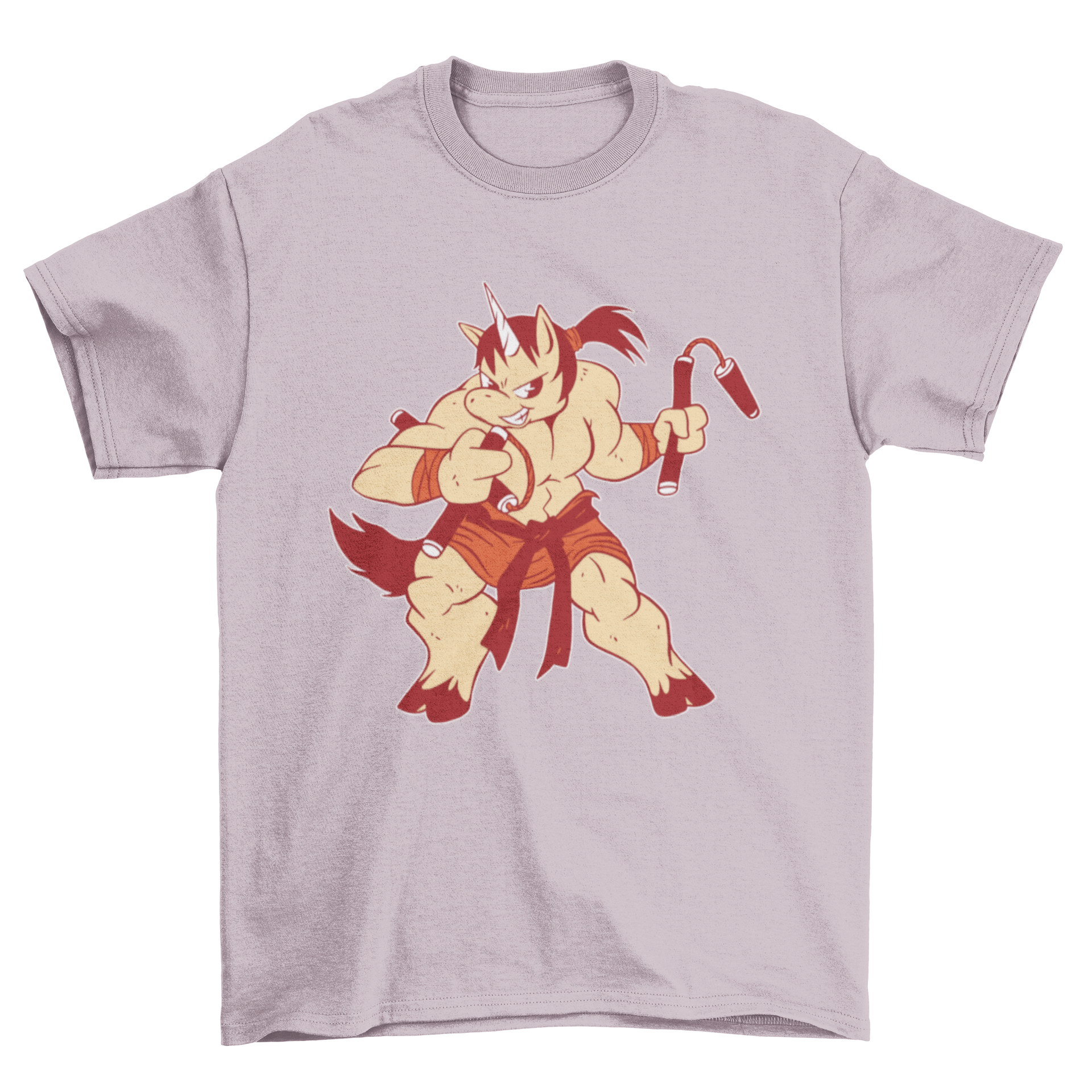 A vibrant t-shirt featuring a muscular unicorn dressed in ninja attire, showcasing a playful and unique design.