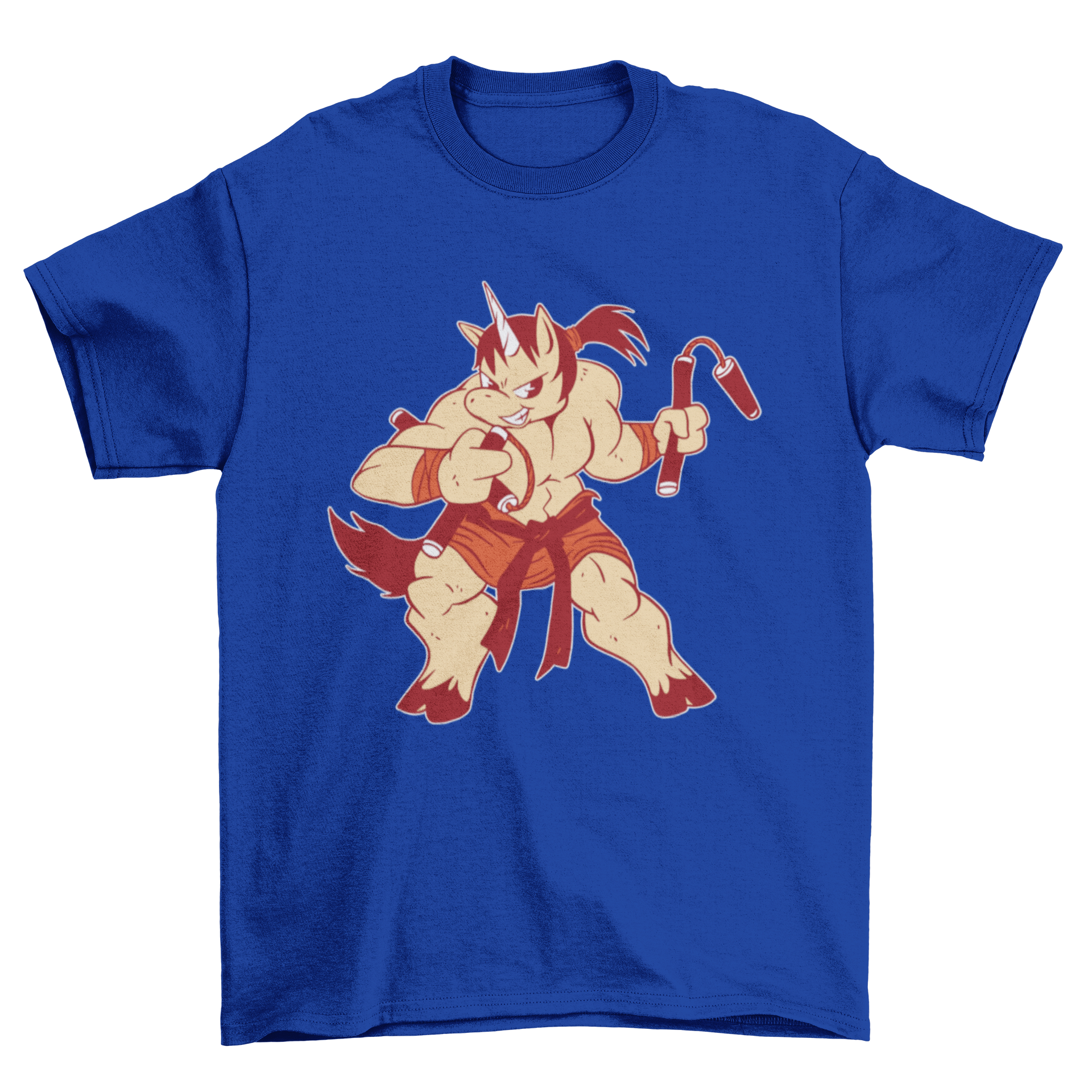 A vibrant t-shirt featuring a muscular unicorn dressed in ninja attire, showcasing a playful and unique design.