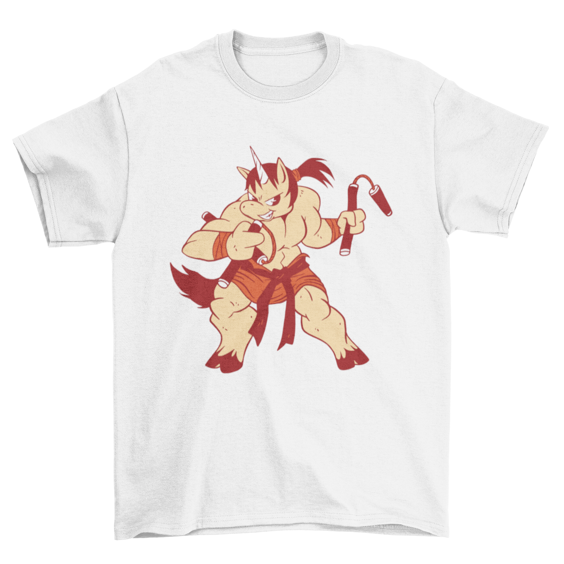 A vibrant t-shirt featuring a muscular unicorn dressed in ninja attire, showcasing a playful and unique design.