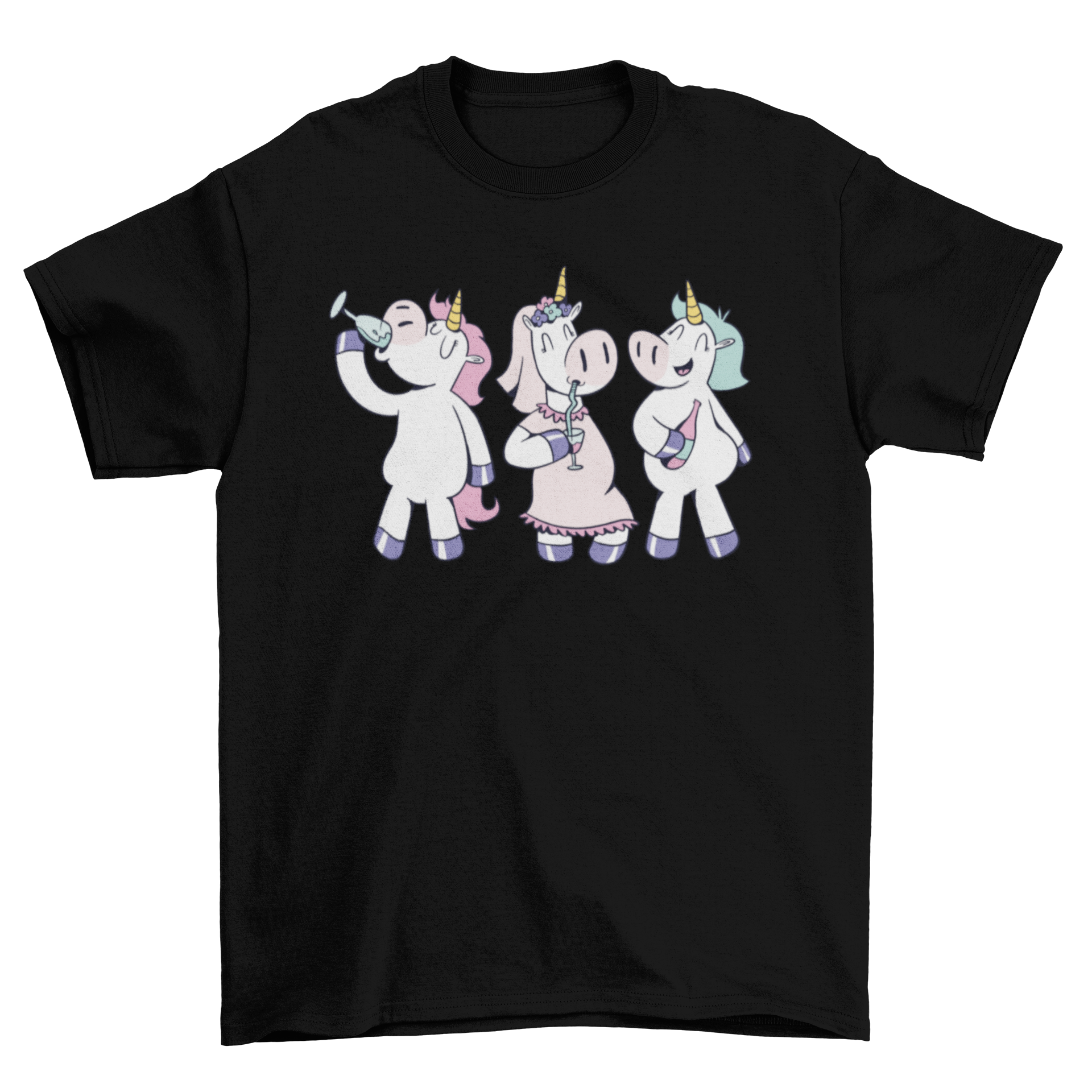 A colorful t-shirt featuring an illustration of three unicorns celebrating at a party, surrounded by festive elements.