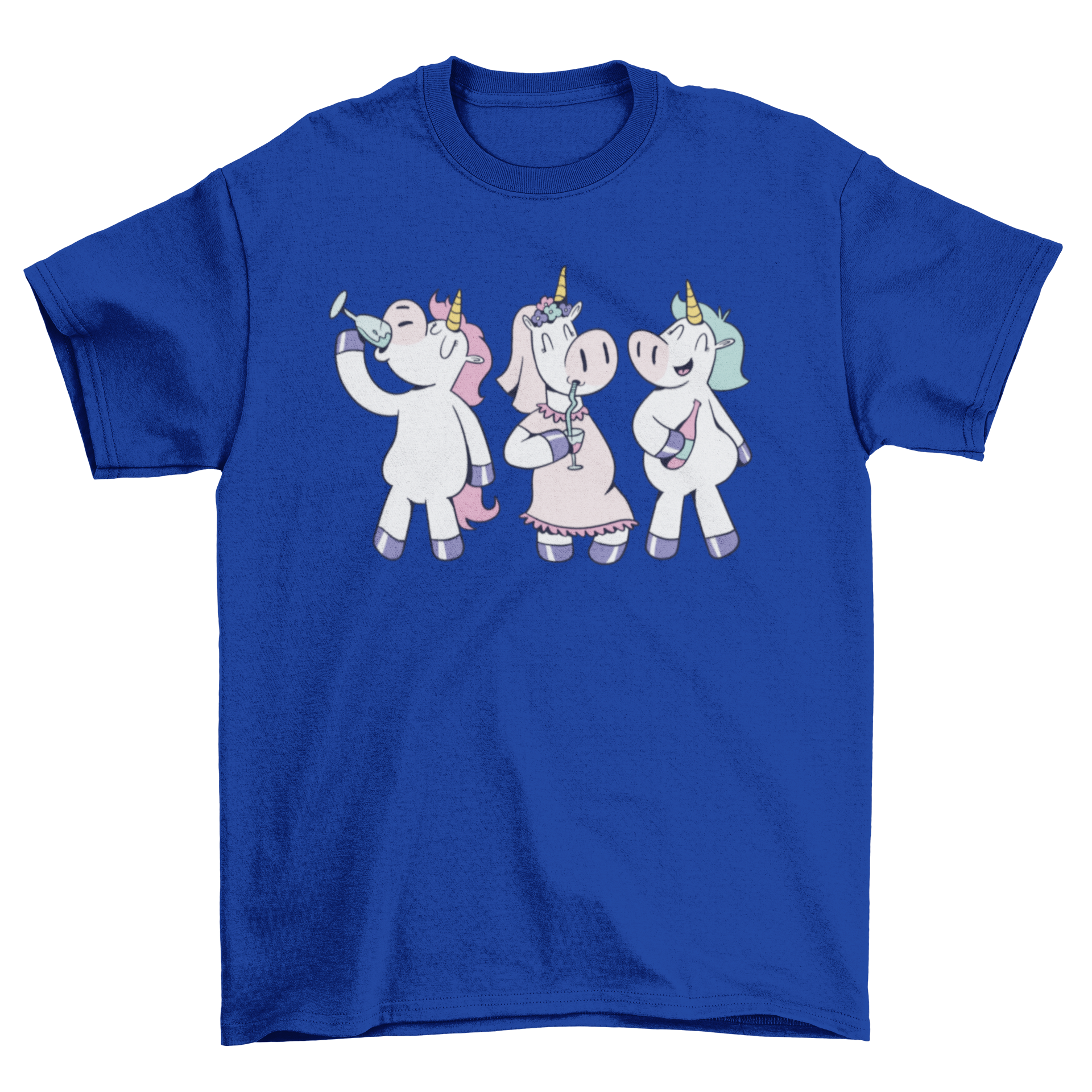 A colorful t-shirt featuring an illustration of three unicorns celebrating at a party, surrounded by festive elements.