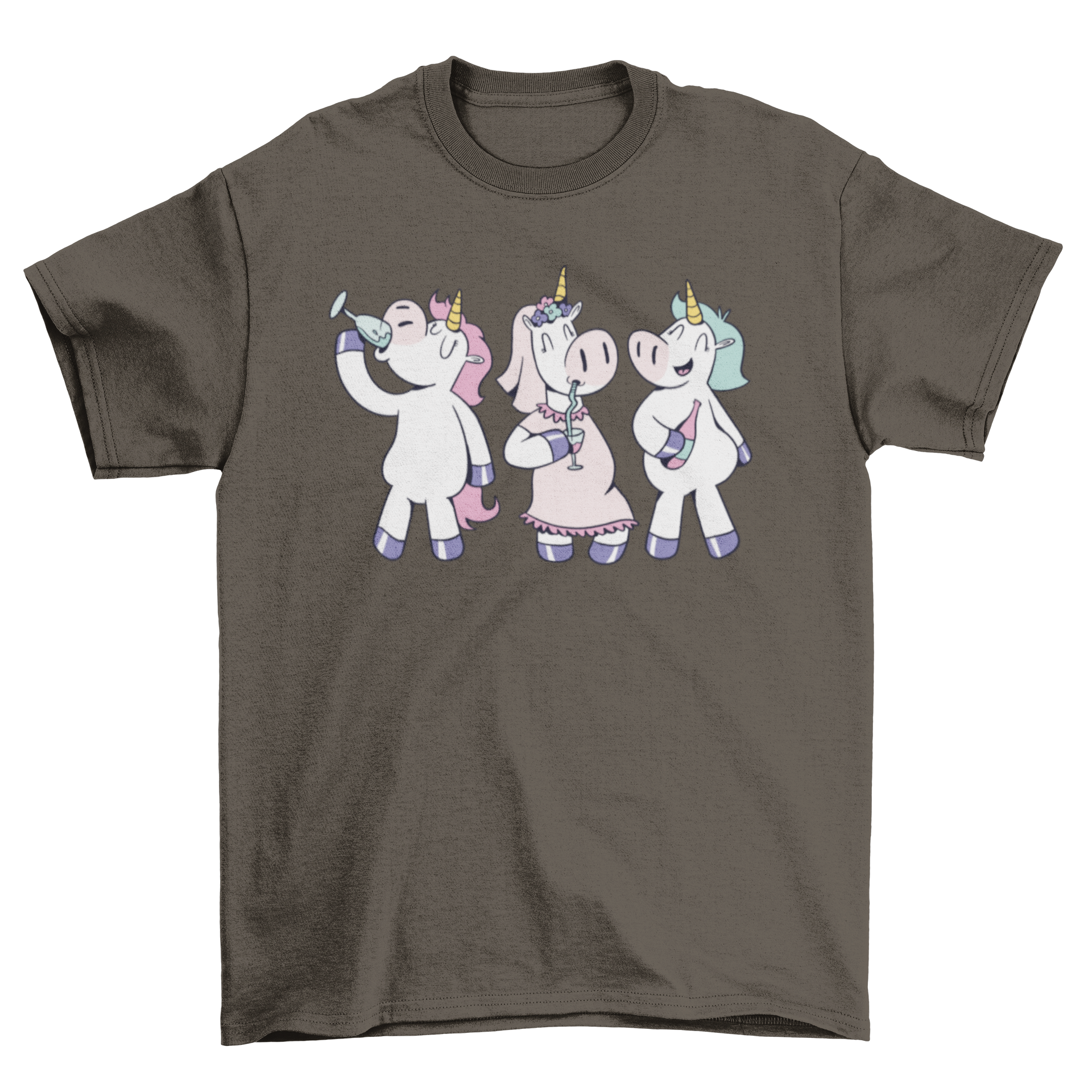 A colorful t-shirt featuring an illustration of three unicorns celebrating at a party, surrounded by festive elements.