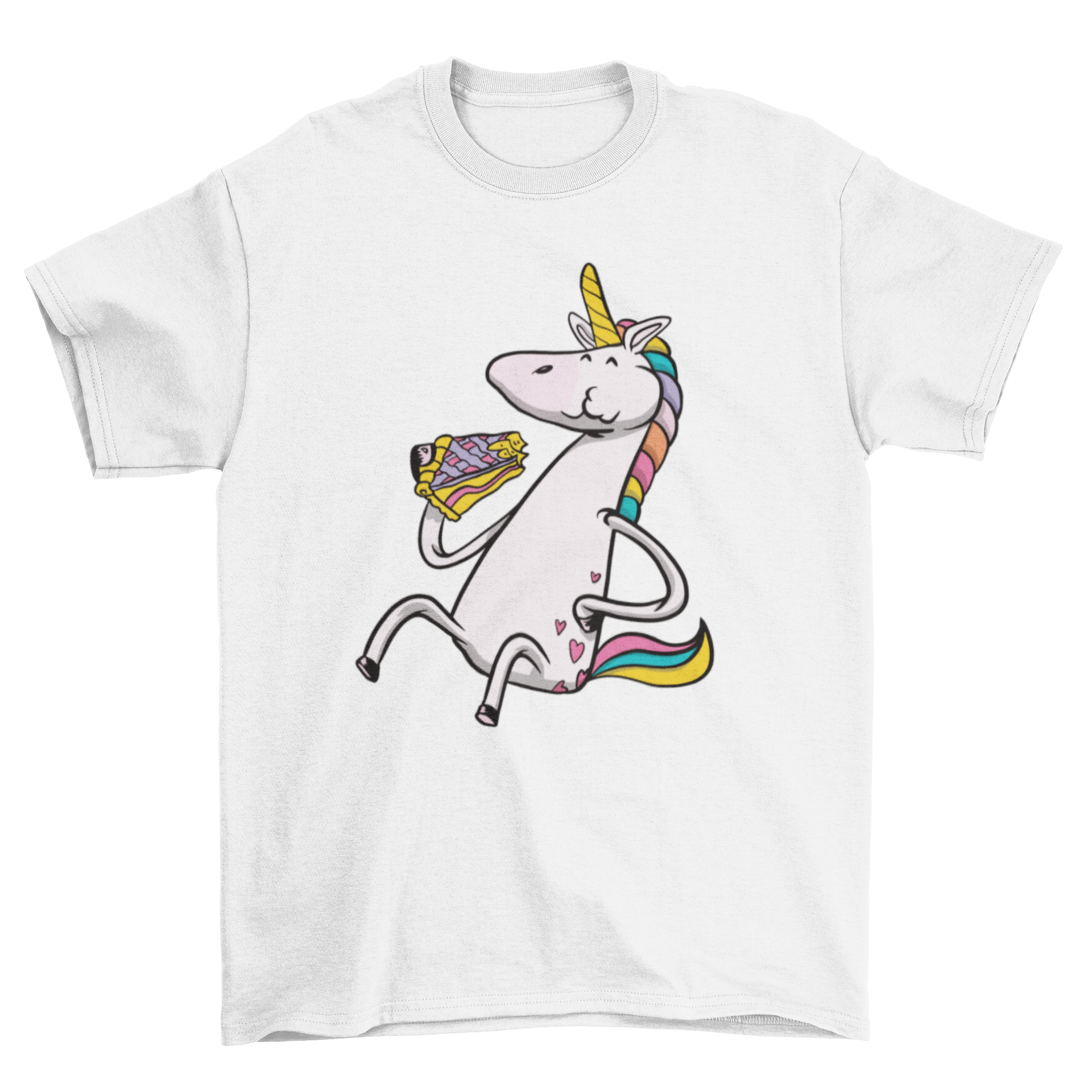 A colorful t-shirt featuring a cute unicorn happily eating a slice of pie, showcasing a whimsical design.