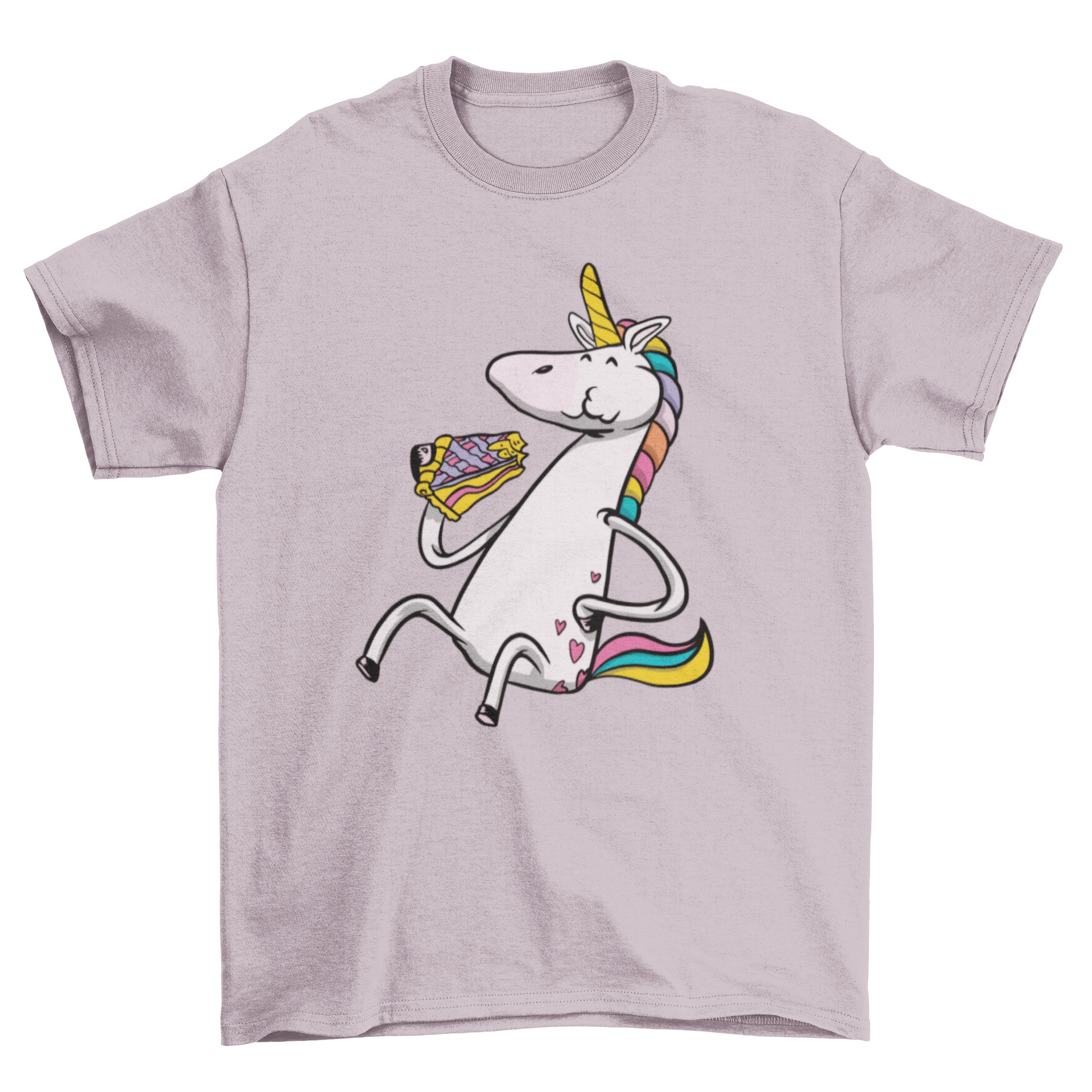 A colorful t-shirt featuring a cute unicorn happily eating a slice of pie, showcasing a whimsical design.