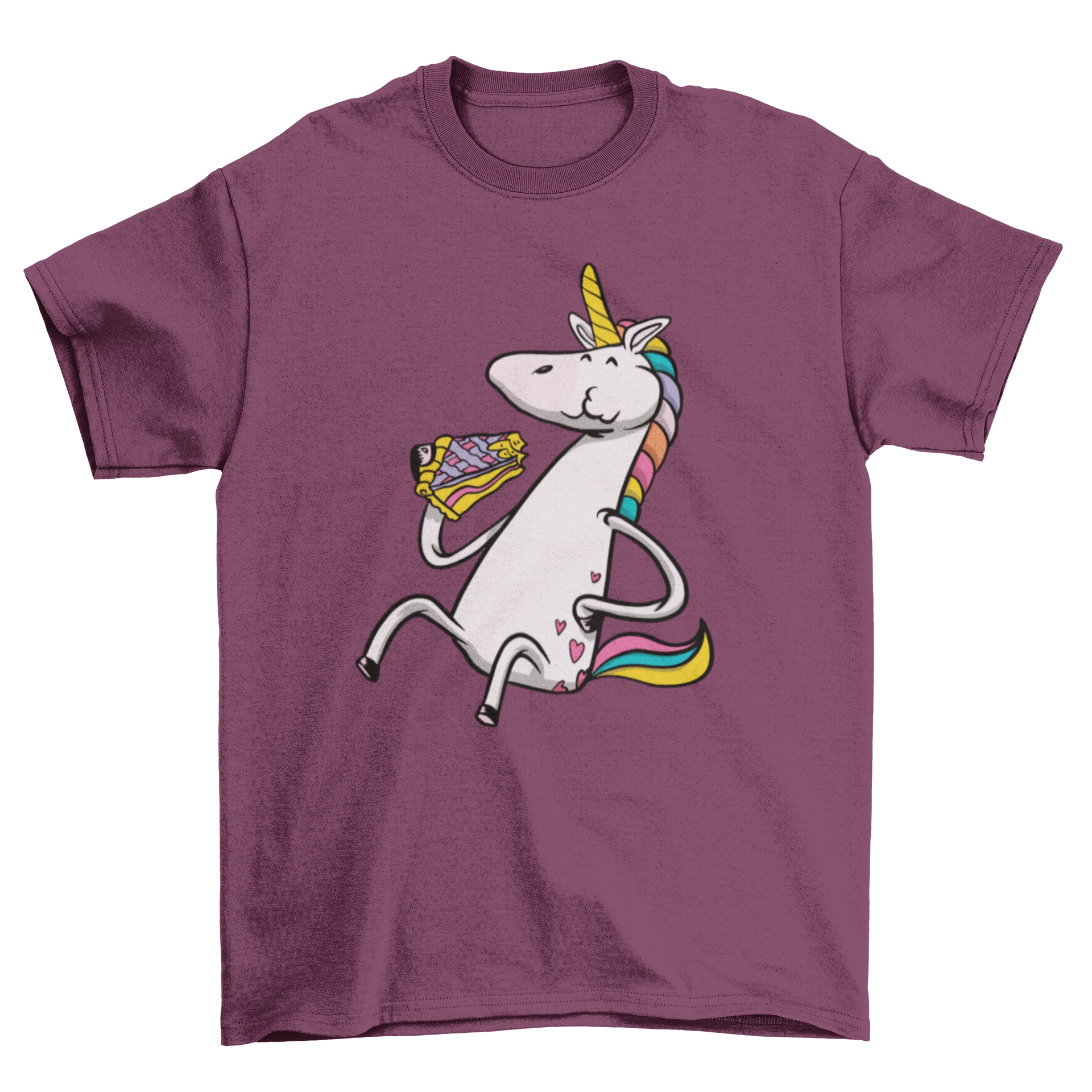 A colorful t-shirt featuring a cute unicorn happily eating a slice of pie, showcasing a whimsical design.