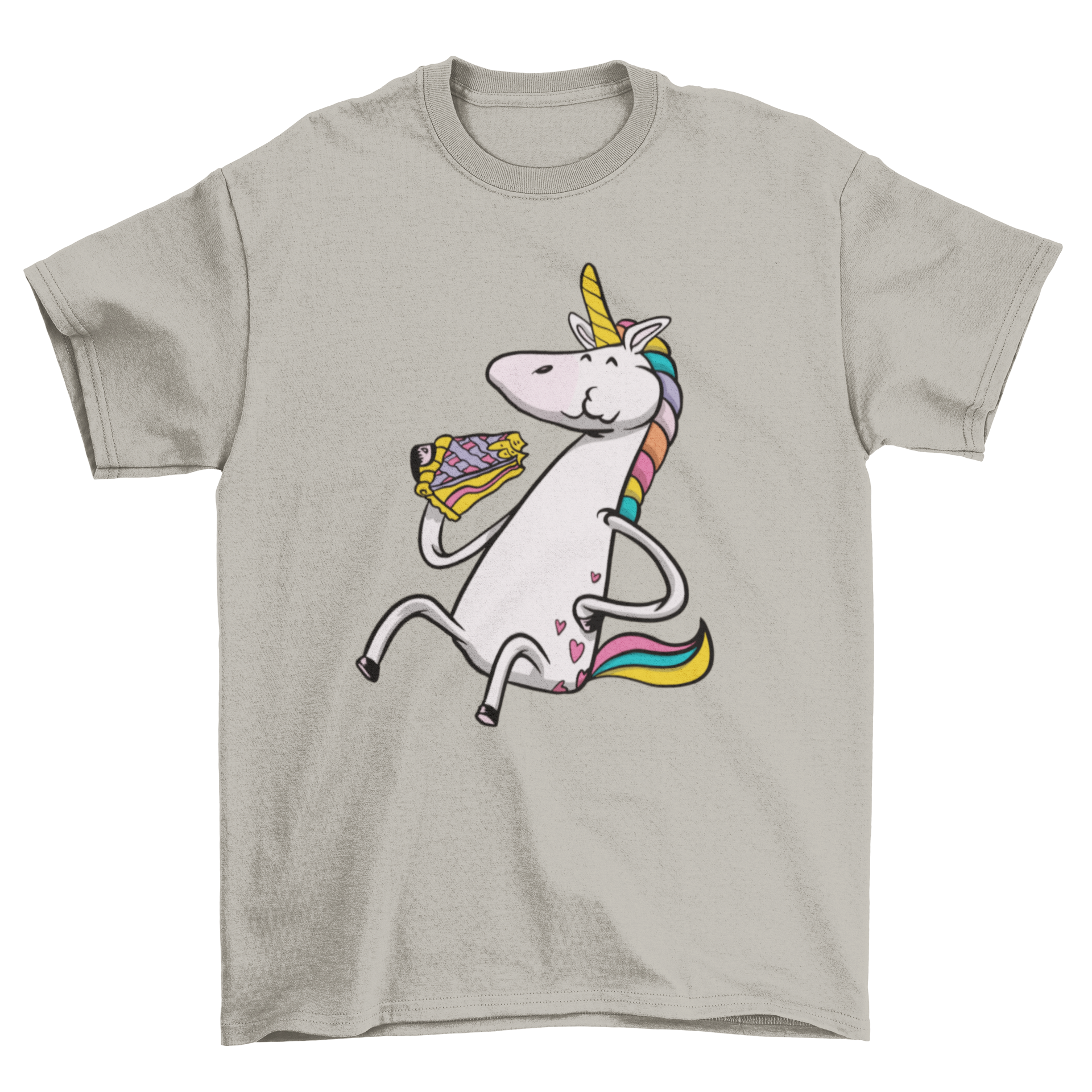 A colorful t-shirt featuring a cute unicorn happily eating a slice of pie, showcasing a whimsical design.