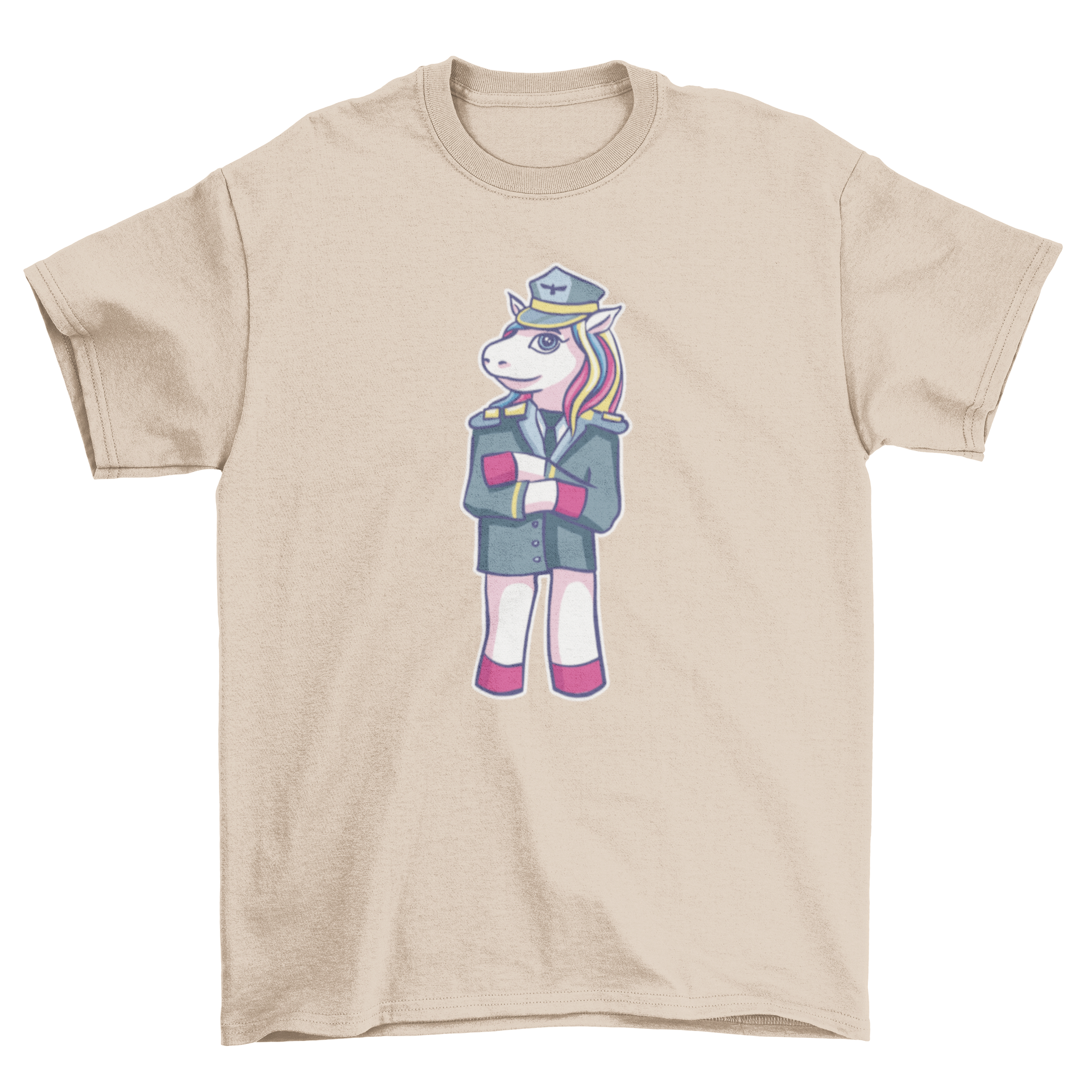 A colorful t-shirt featuring a unicorn dressed as an airplane pilot, showcasing a whimsical design.