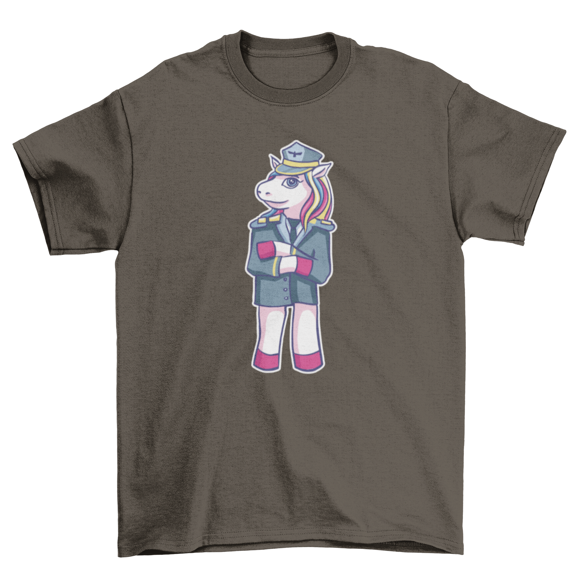 A colorful t-shirt featuring a unicorn dressed as an airplane pilot, showcasing a whimsical design.