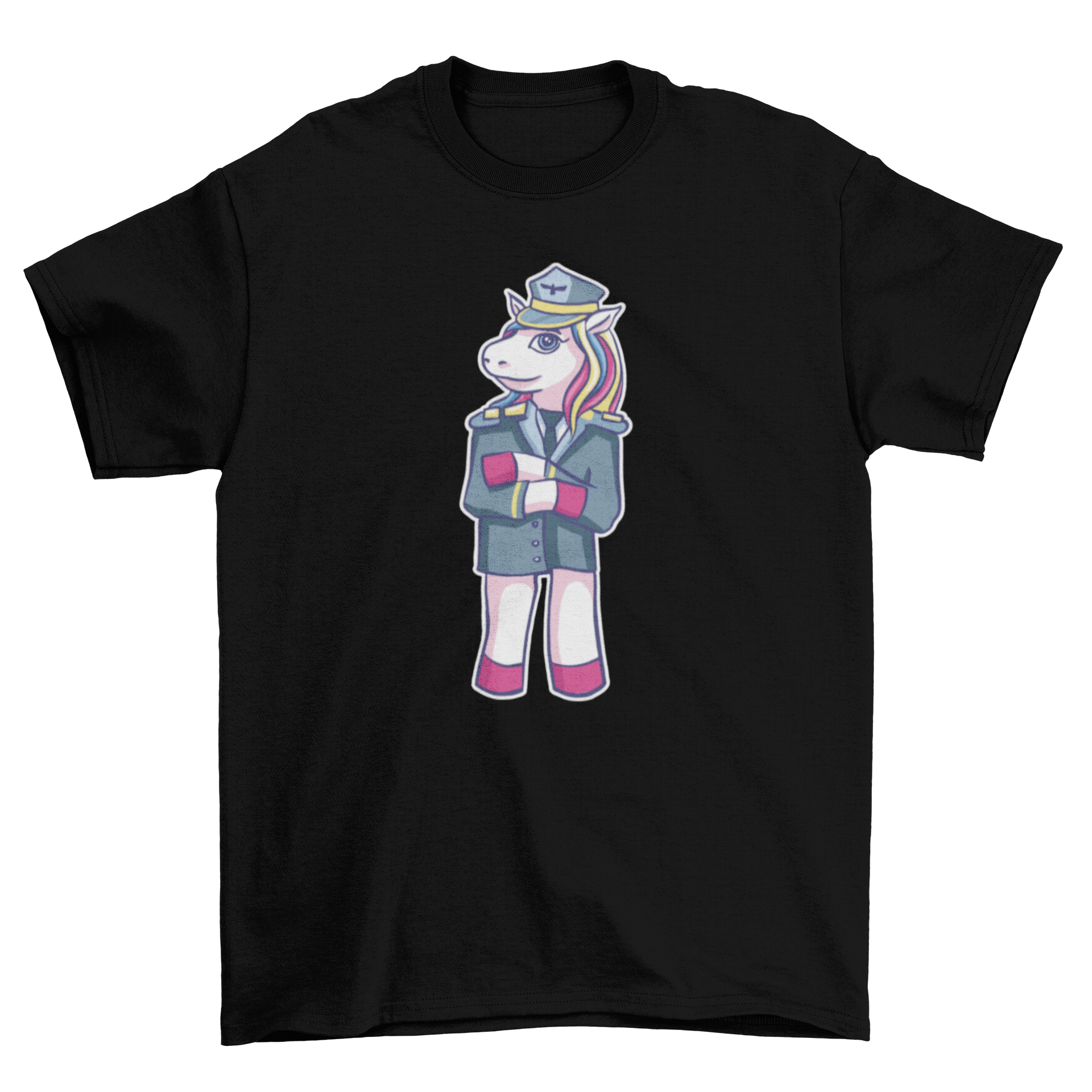 A colorful t-shirt featuring a unicorn dressed as an airplane pilot, showcasing a whimsical design.