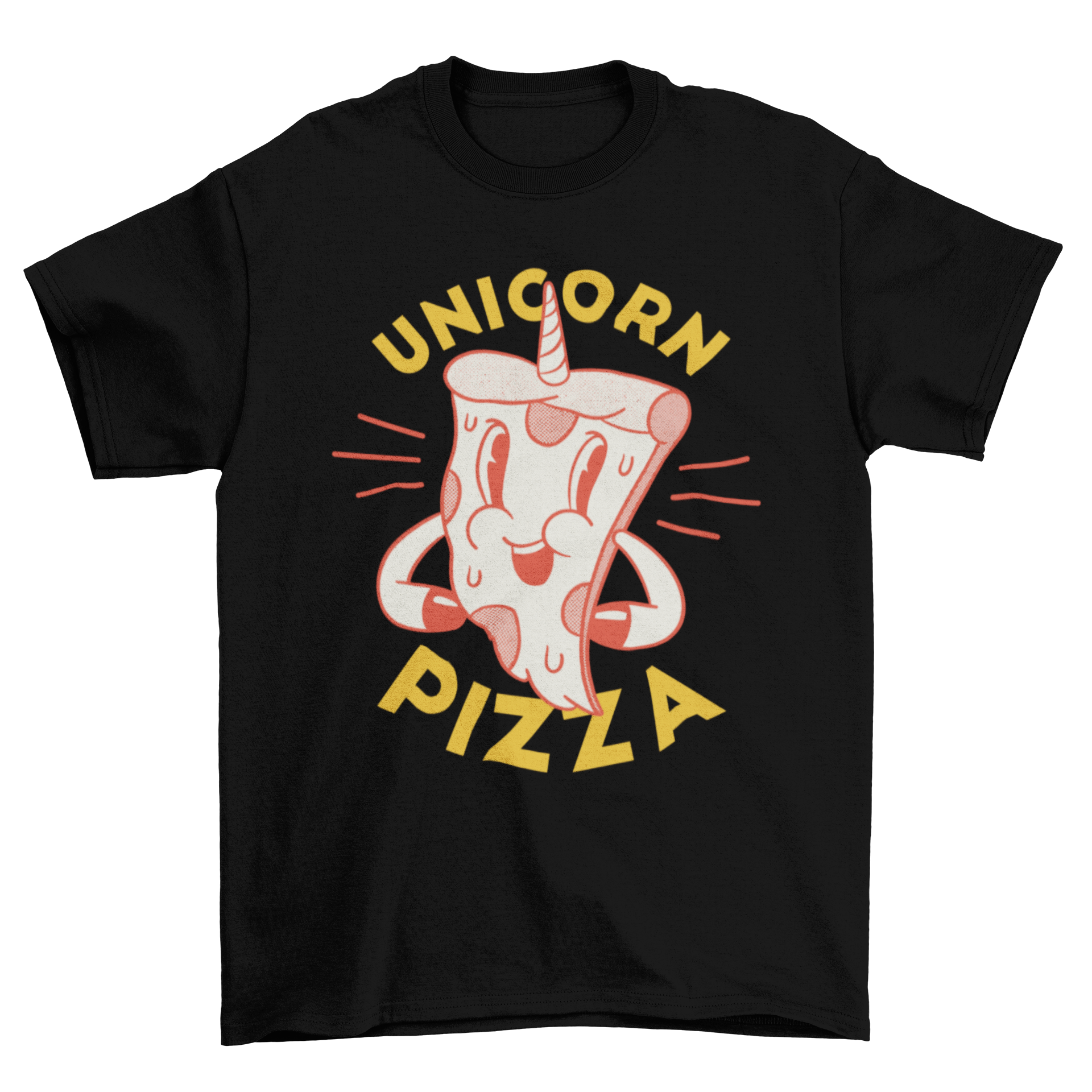 A colorful t-shirt featuring a whimsical unicorn pizza design with a horn and the caption 'Unicorn Pizza'.