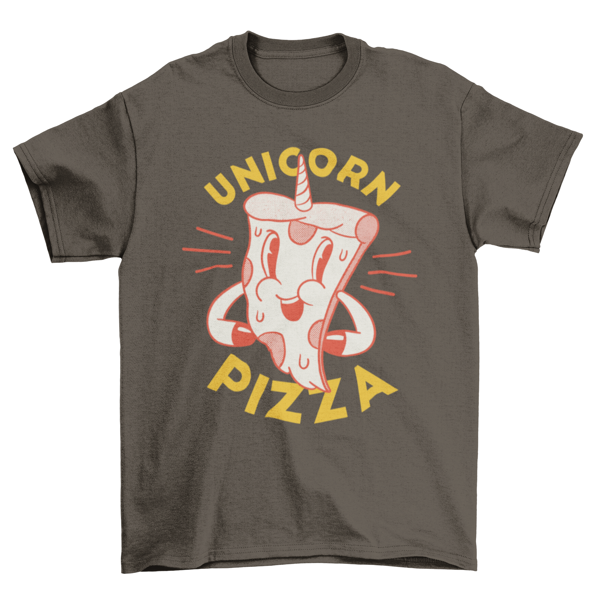 A colorful t-shirt featuring a whimsical unicorn pizza design with a horn and the caption 'Unicorn Pizza'.