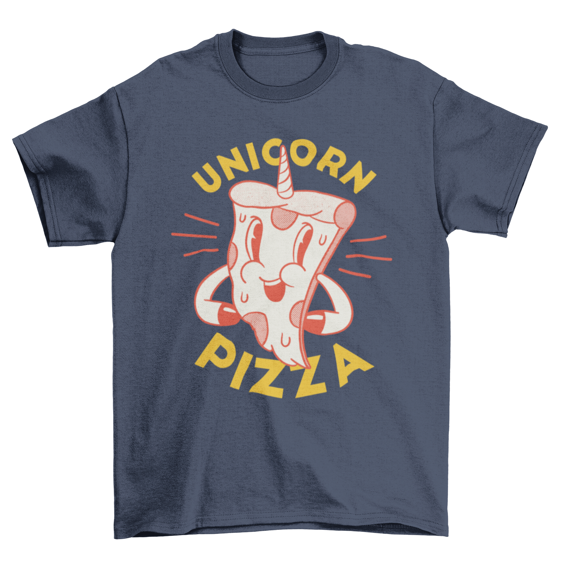 A colorful t-shirt featuring a whimsical unicorn pizza design with a horn and the caption 'Unicorn Pizza'.