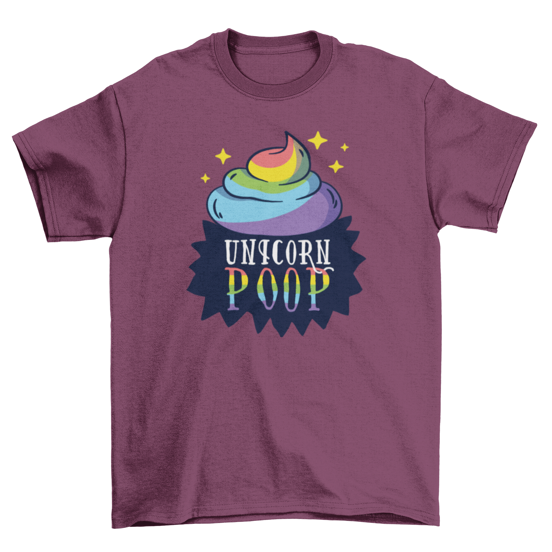 A colorful t-shirt featuring a cartoon illustration of rainbow-colored poop with the caption 'Unicorn poop' in a speech bubble.