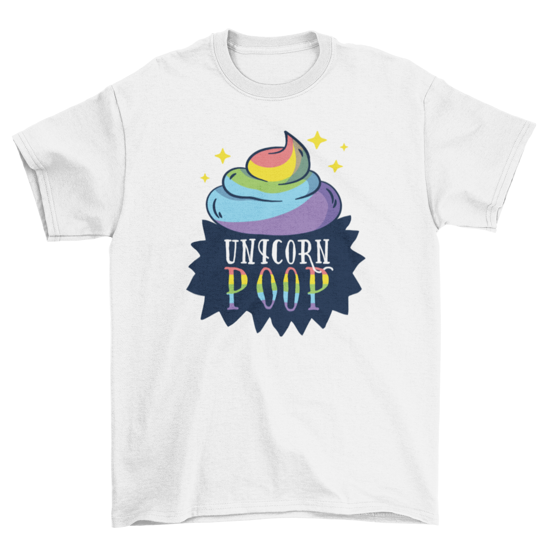 A colorful t-shirt featuring a cartoon illustration of rainbow-colored poop with the caption 'Unicorn poop' in a speech bubble.