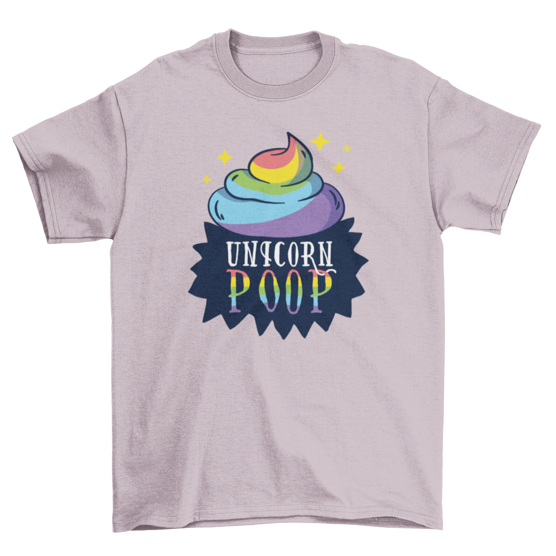 A colorful t-shirt featuring a cartoon illustration of rainbow-colored poop with the caption 'Unicorn poop' in a speech bubble.