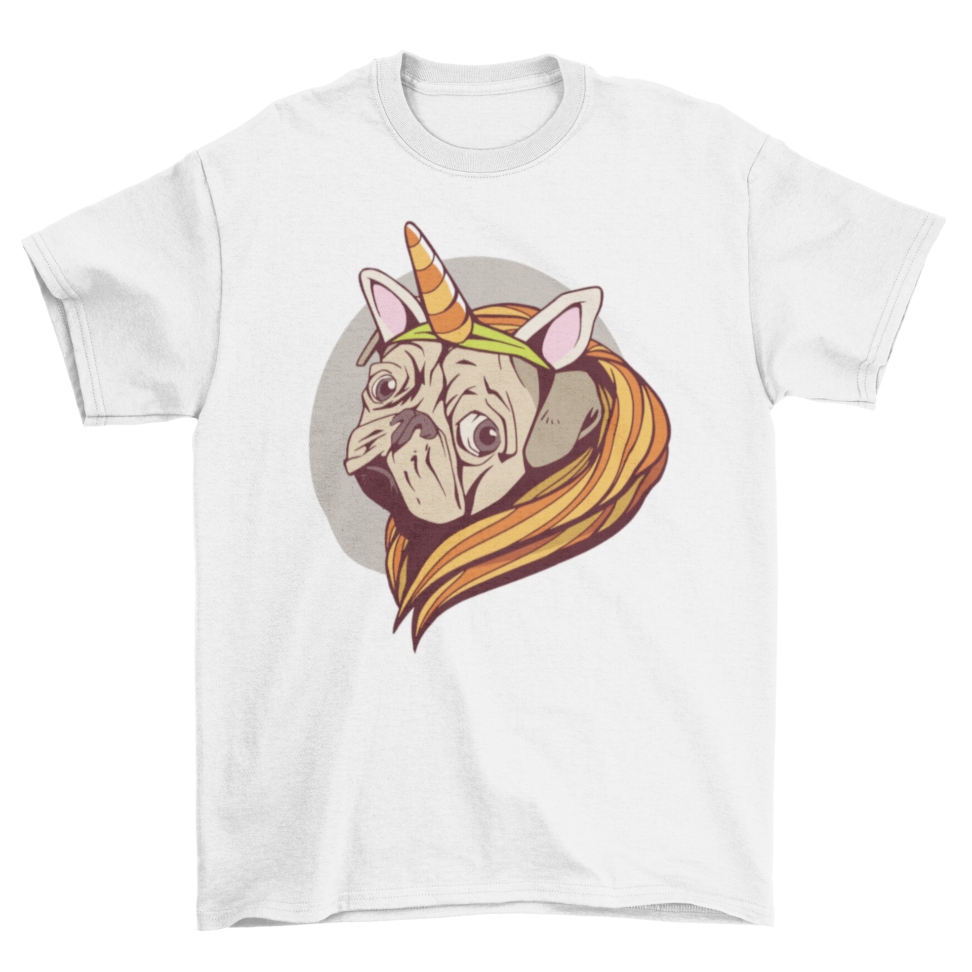 A whimsical t-shirt featuring a pug with a unicorn horn illustration, perfect for dog lovers.