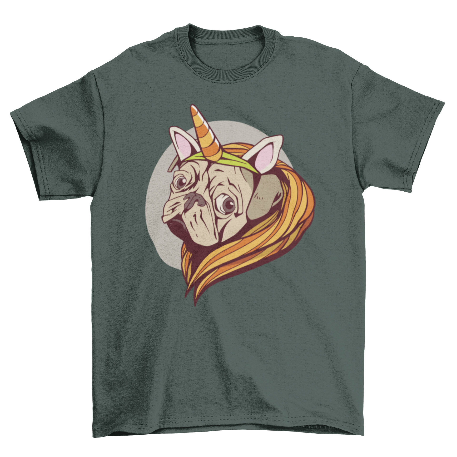 A whimsical t-shirt featuring a pug with a unicorn horn illustration, perfect for dog lovers.